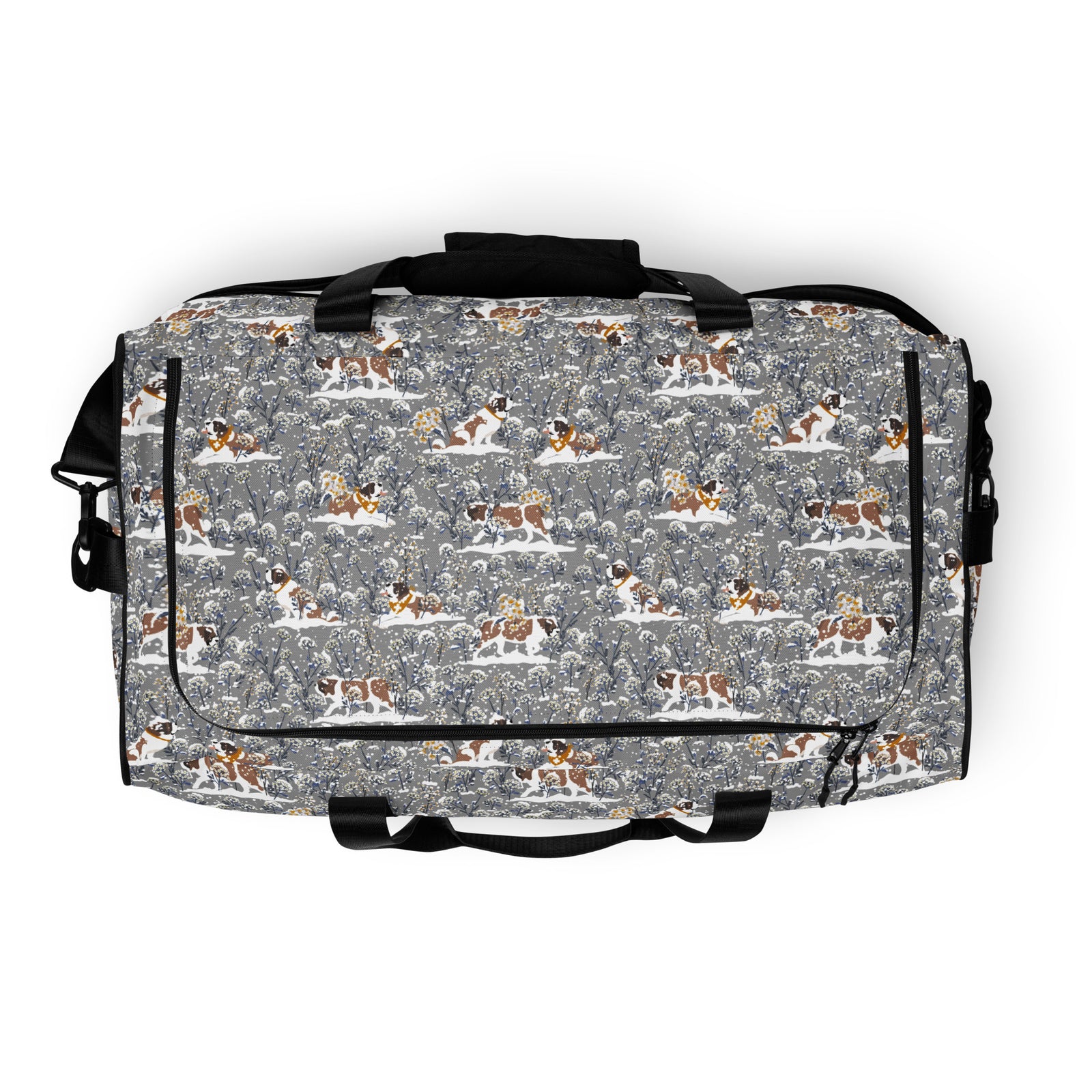 Snowflowers Saint Bernard floral duffle bag in soft gray, blue, white, and winter floral tones with padded black shoulder strap, handles, zip compartment, and mesh side pocket.