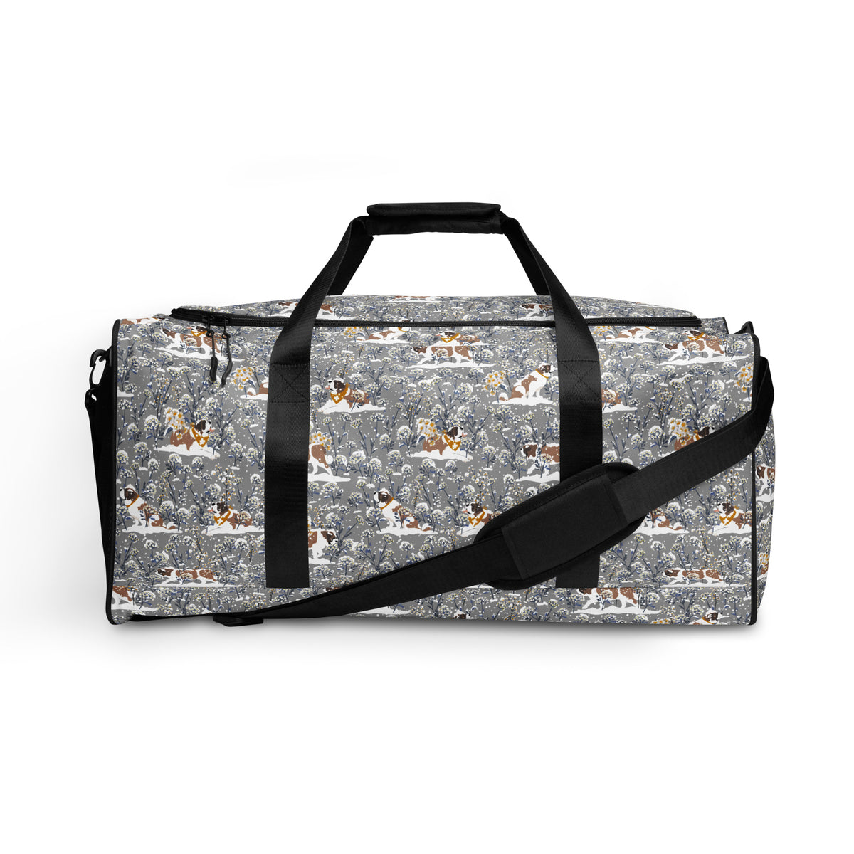 Snowflowers Saint Bernard floral duffle bag in soft gray, blue, white, and winter floral tones with padded black shoulder strap, handles, zip compartment, and mesh side pocket.