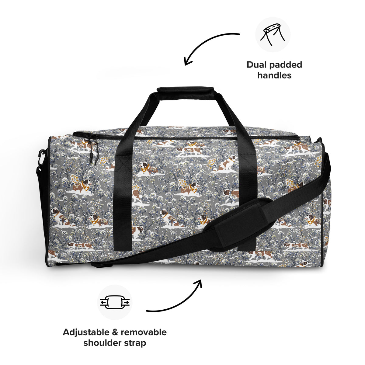 Snowflowers Saint Bernard floral duffle bag in soft gray, blue, white, and winter floral tones with padded black shoulder strap, handles, zip compartment, and mesh side pocket.