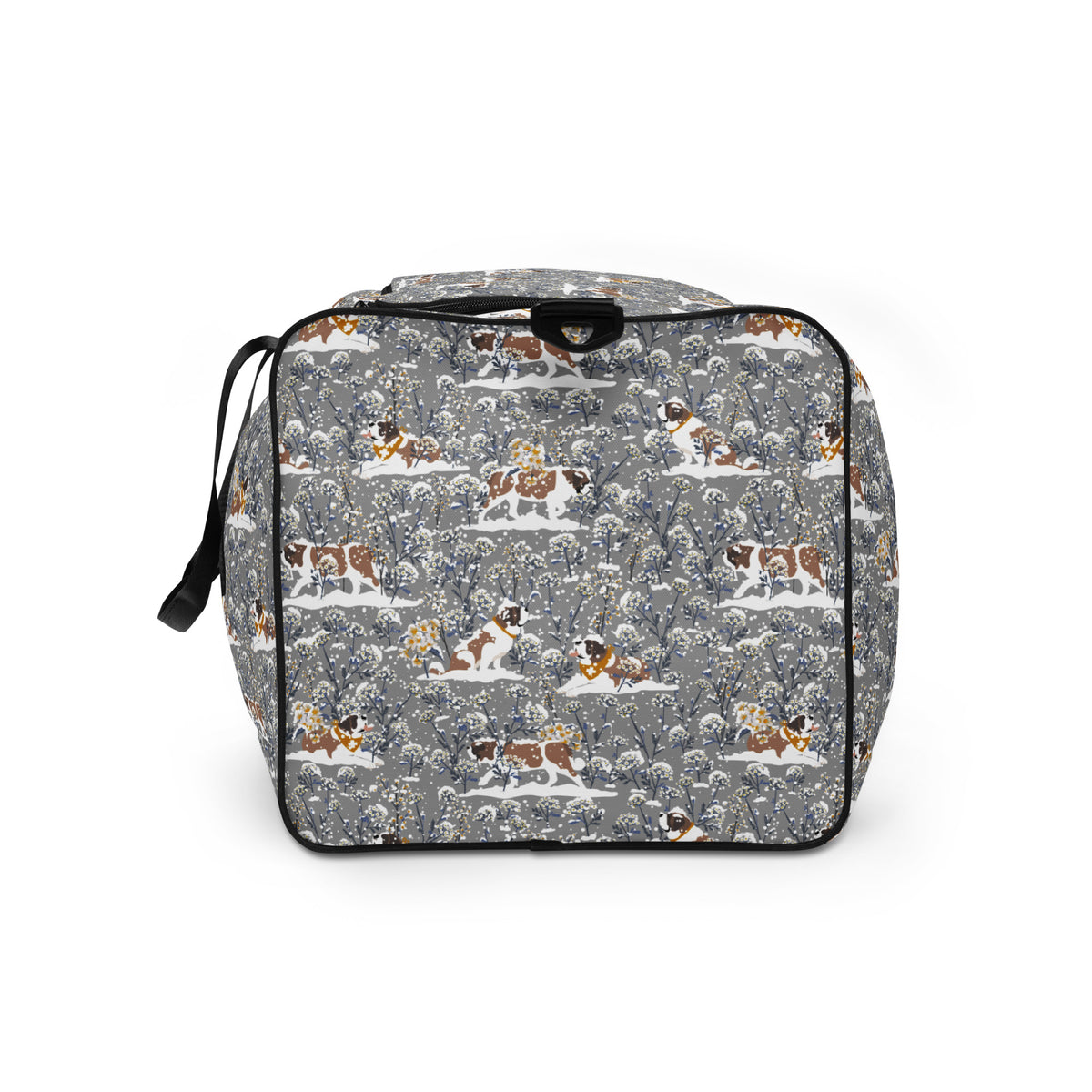 Snowflowers Saint Bernard floral duffle bag in soft gray, blue, white, and winter floral tones with padded black shoulder strap, handles, zip compartment, and mesh side pocket.