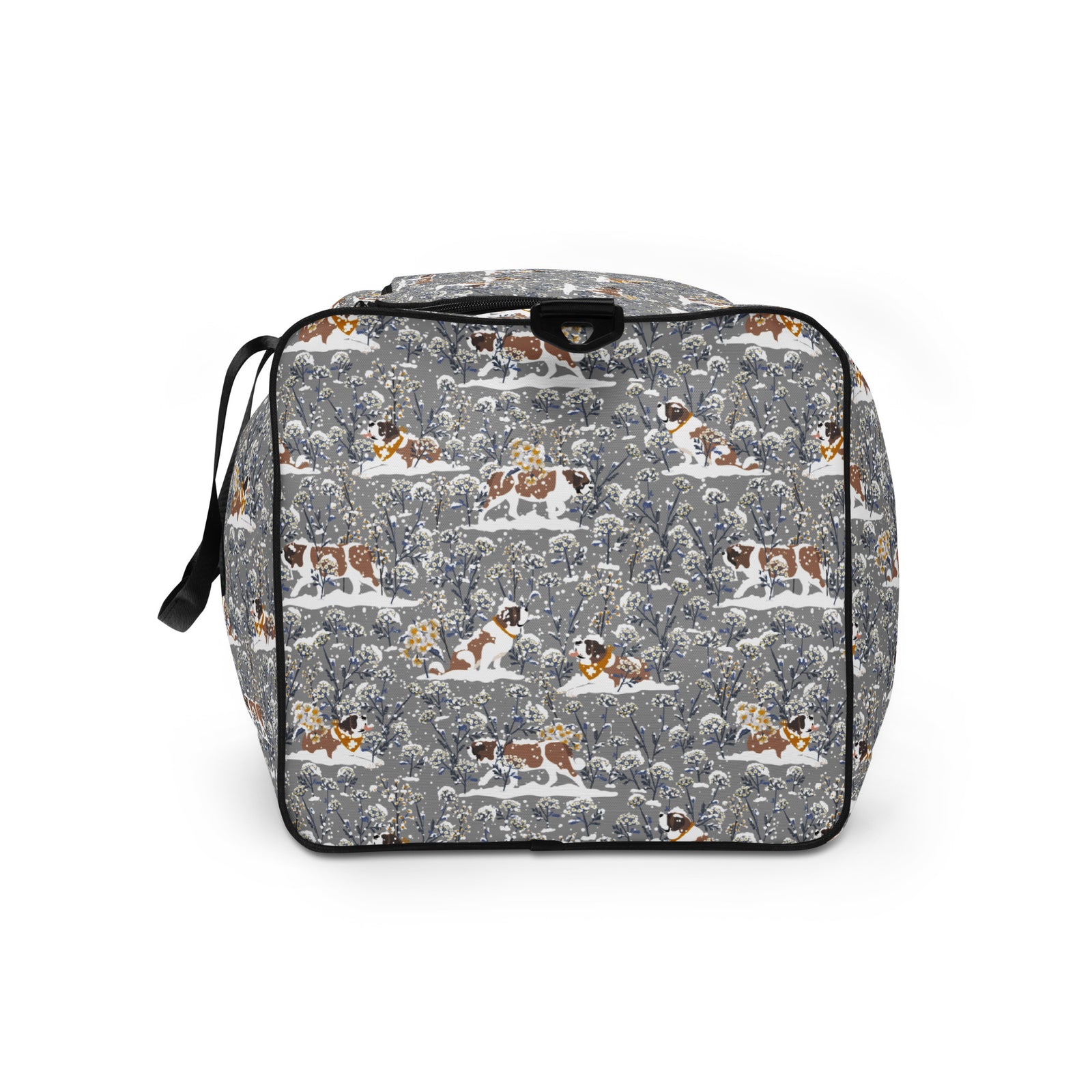 Snowflowers Saint Bernard floral duffle bag in soft gray, blue, white, and winter floral tones with padded black shoulder strap, handles, zip compartment, and mesh side pocket.
