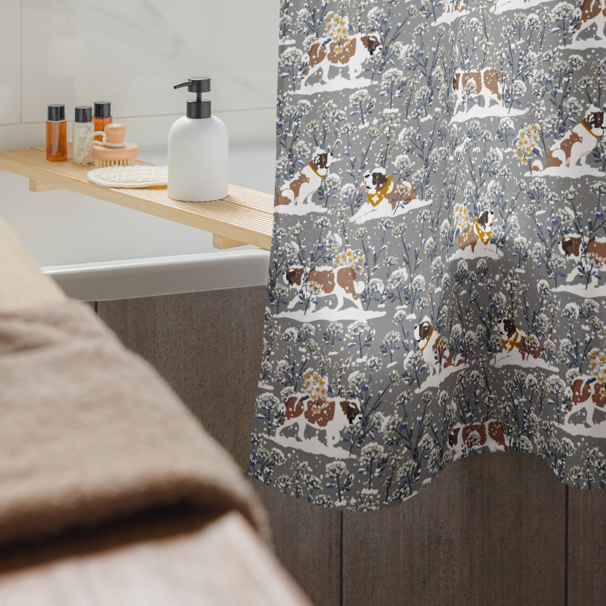 Snowflowers Saint Bernard Shower Curtain - Lucy + Norman
