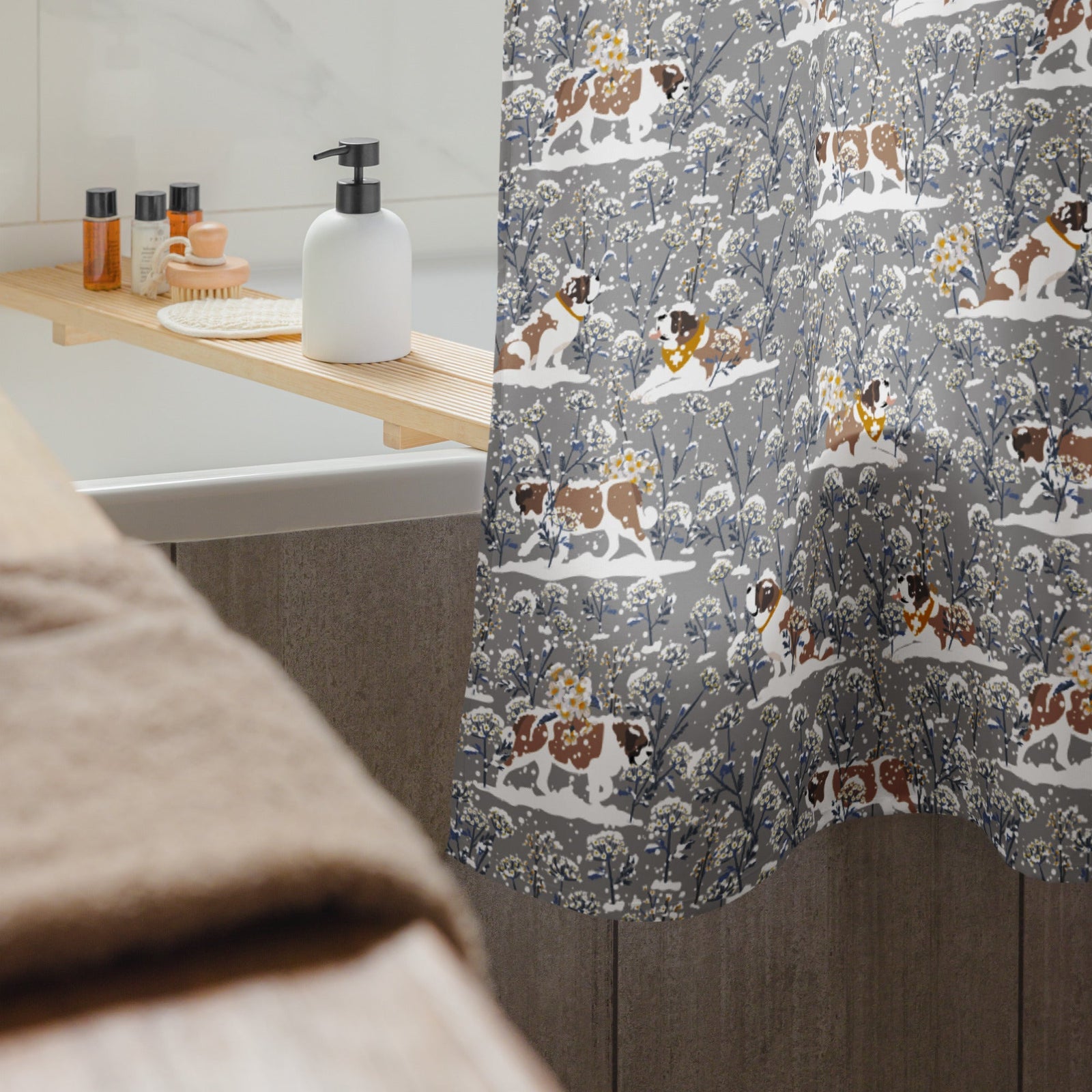 Snowflowers Saint Bernard Shower Curtain - Lucy + Norman