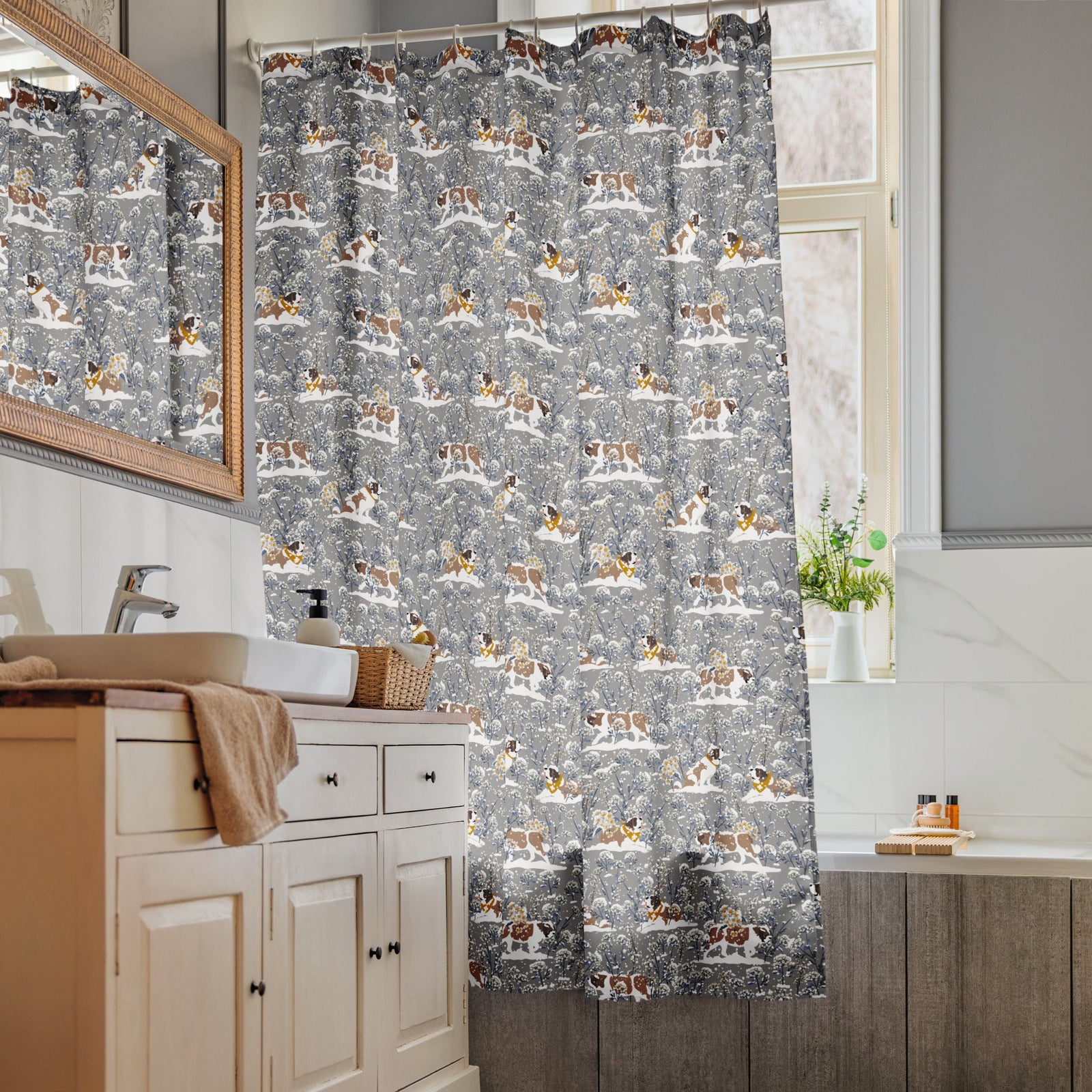Snowflowers Saint Bernard Shower Curtain - Lucy + Norman