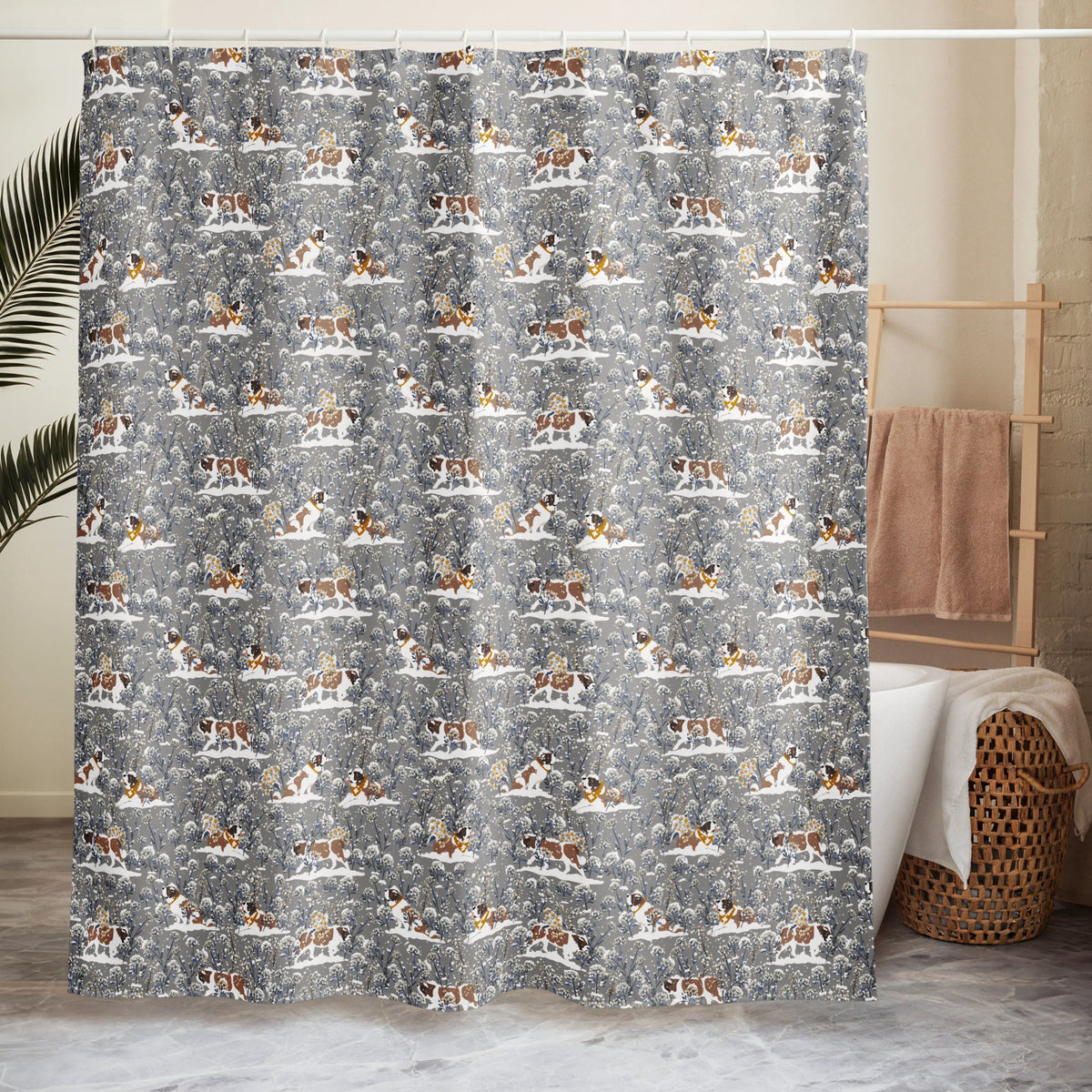 Snowflowers Saint Bernard Shower Curtain - Lucy + Norman