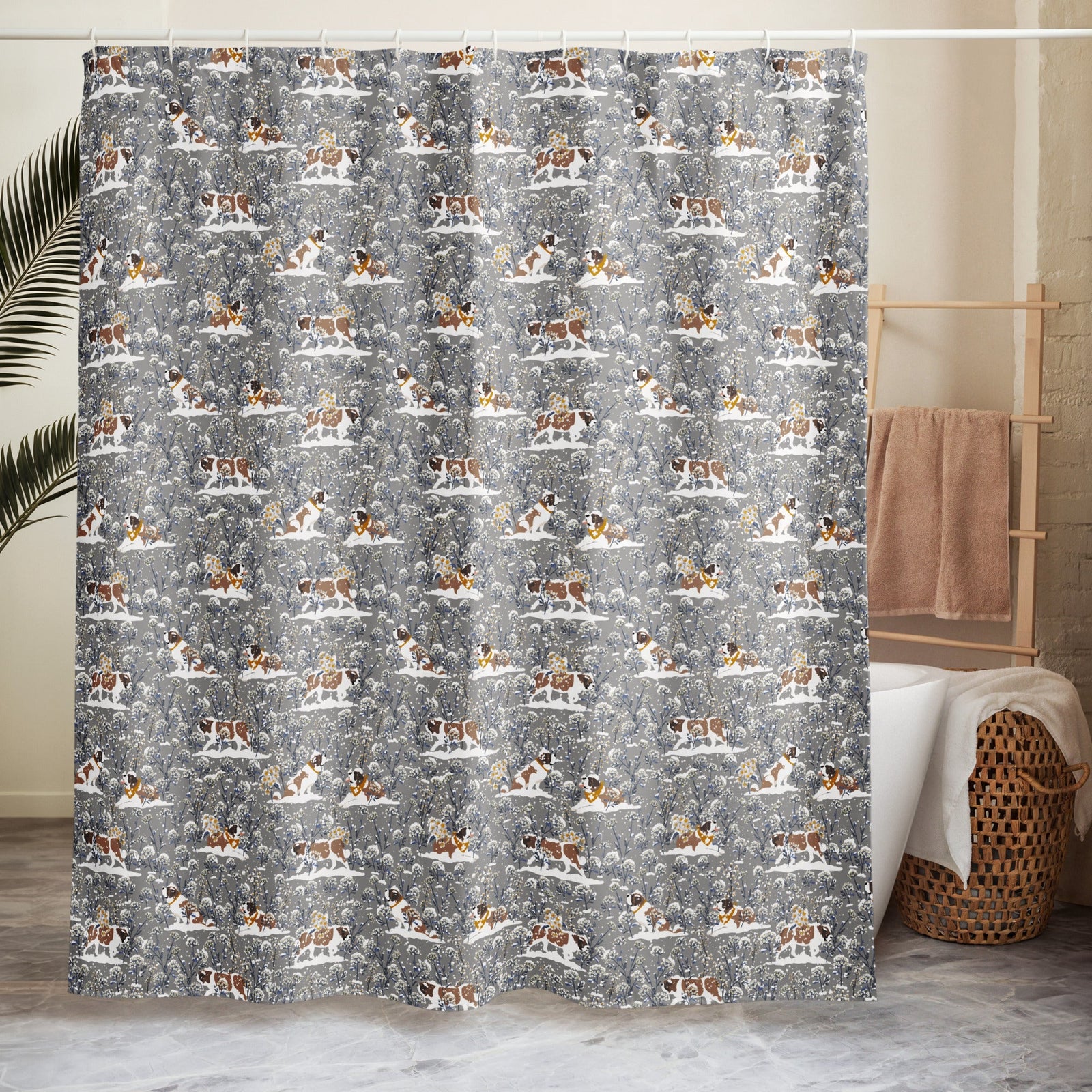 Snowflowers Saint Bernard Shower Curtain - Lucy + Norman