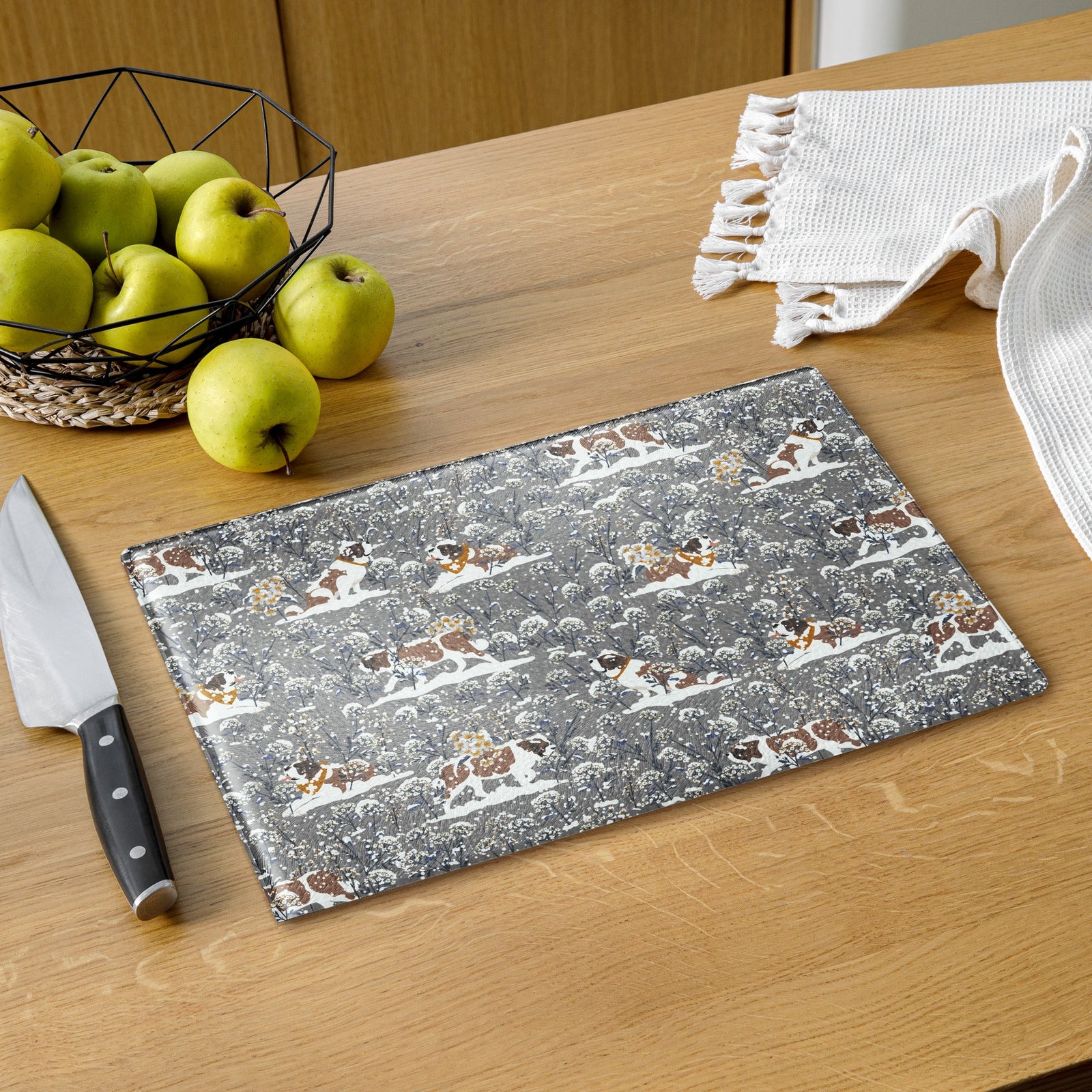 Snowflowers St Bernard Glass Cutting Board - Lucy + Norman
