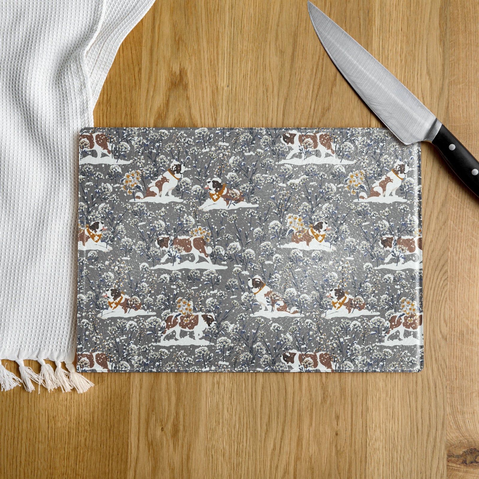 Snowflowers St Bernard Glass Cutting Board - Lucy + Norman