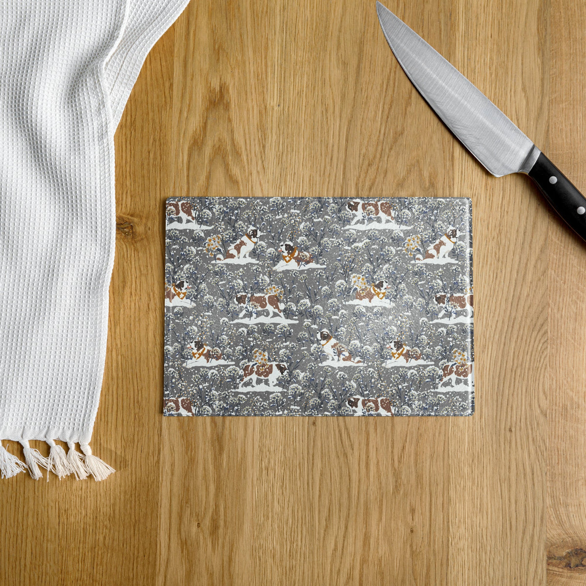 Snowflowers St Bernard Glass Cutting Board - Lucy + Norman