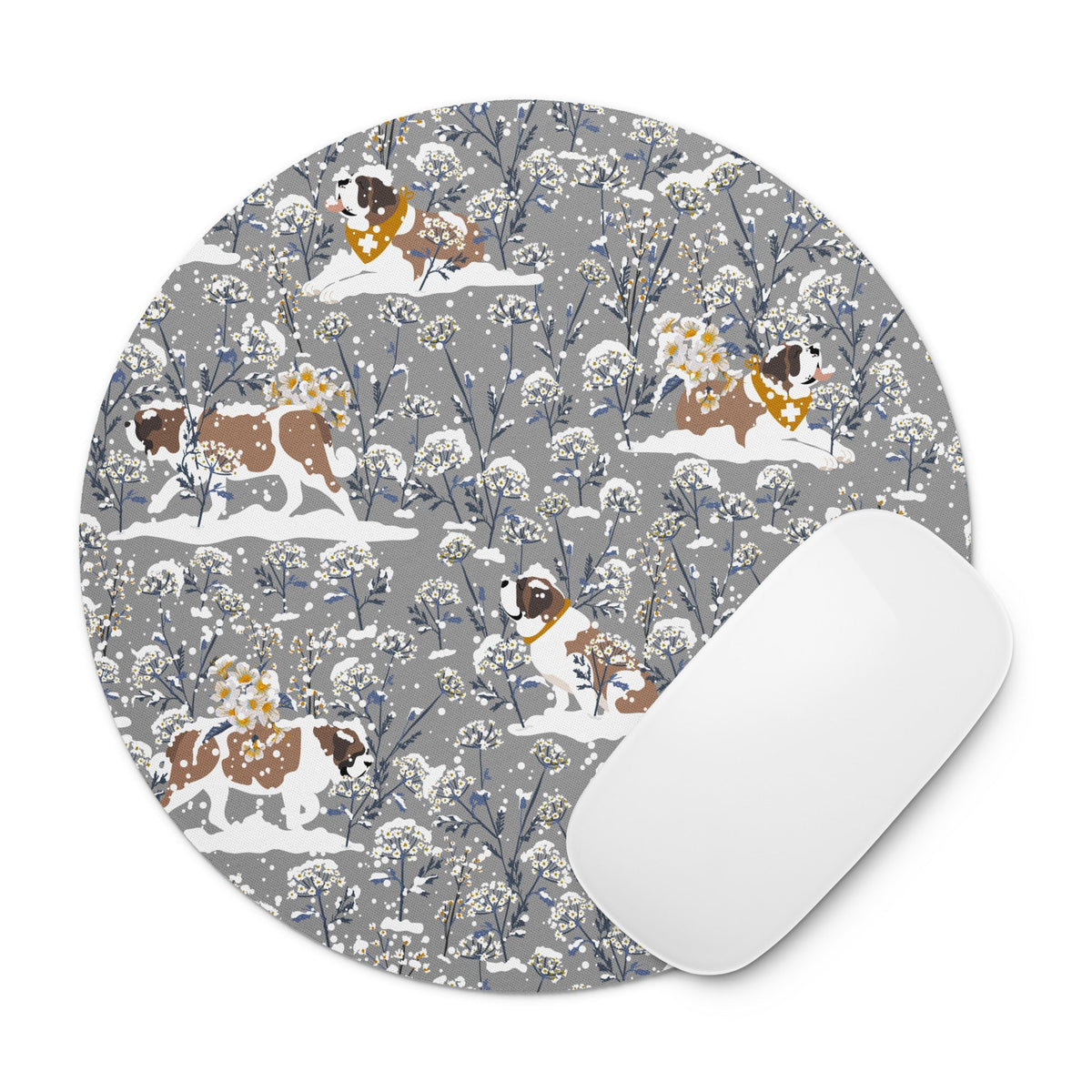 St Bernard Snowflowers Round Mouse Pad - Lucy + Norman
