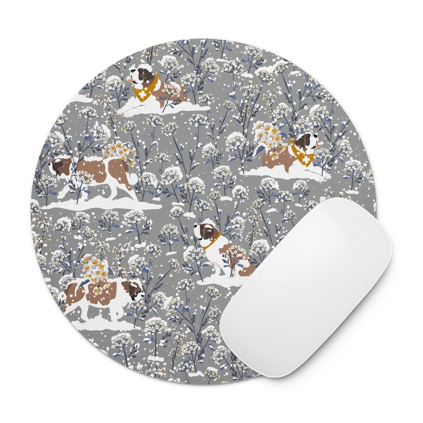 St Bernard Snowflowers Round Mouse Pad - Lucy + Norman