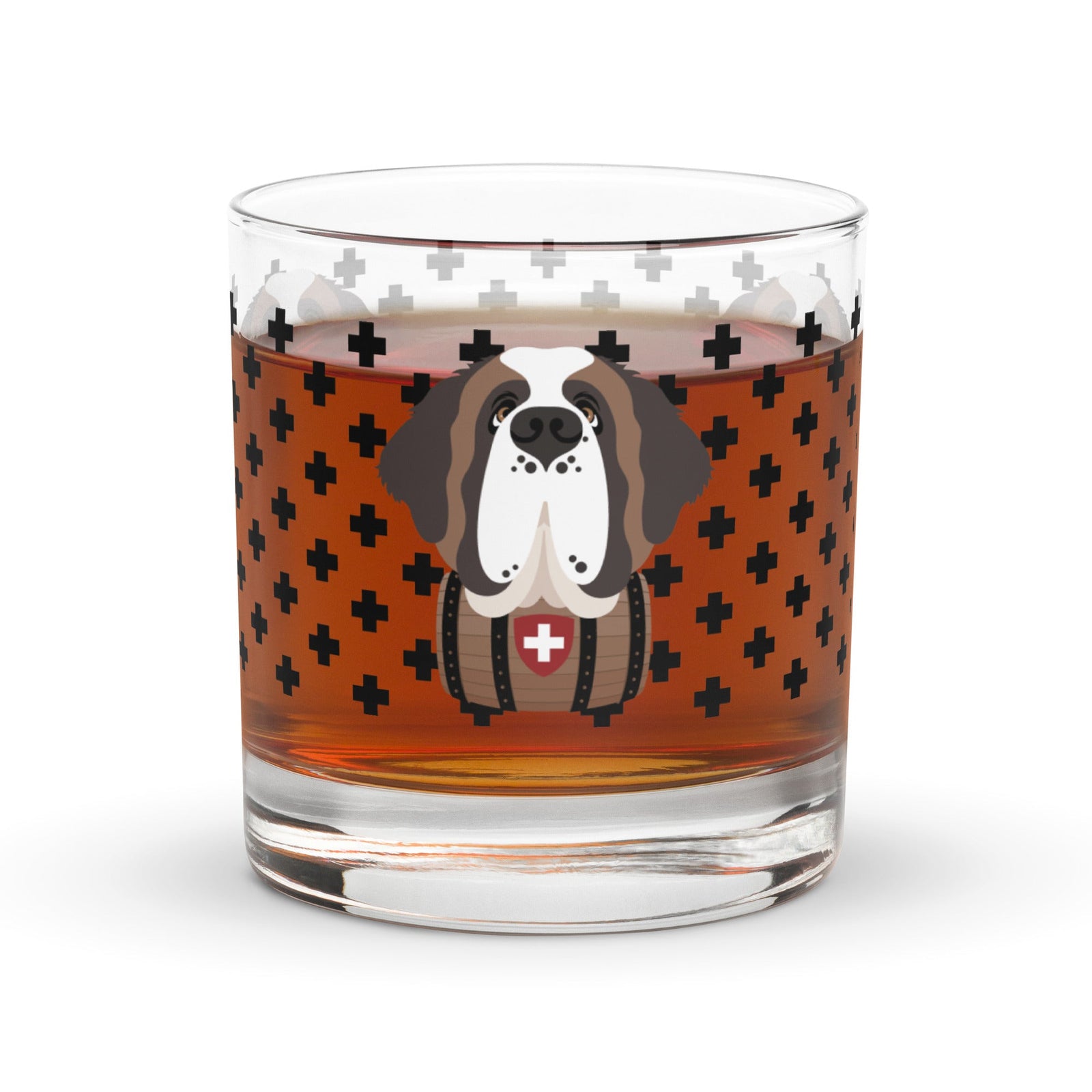 10.5 once rock glass drinkware with a modern pattern of Swiss inspired black crosses and a cute large Saint Bernard dog head with a barrel by Lucy and Norman