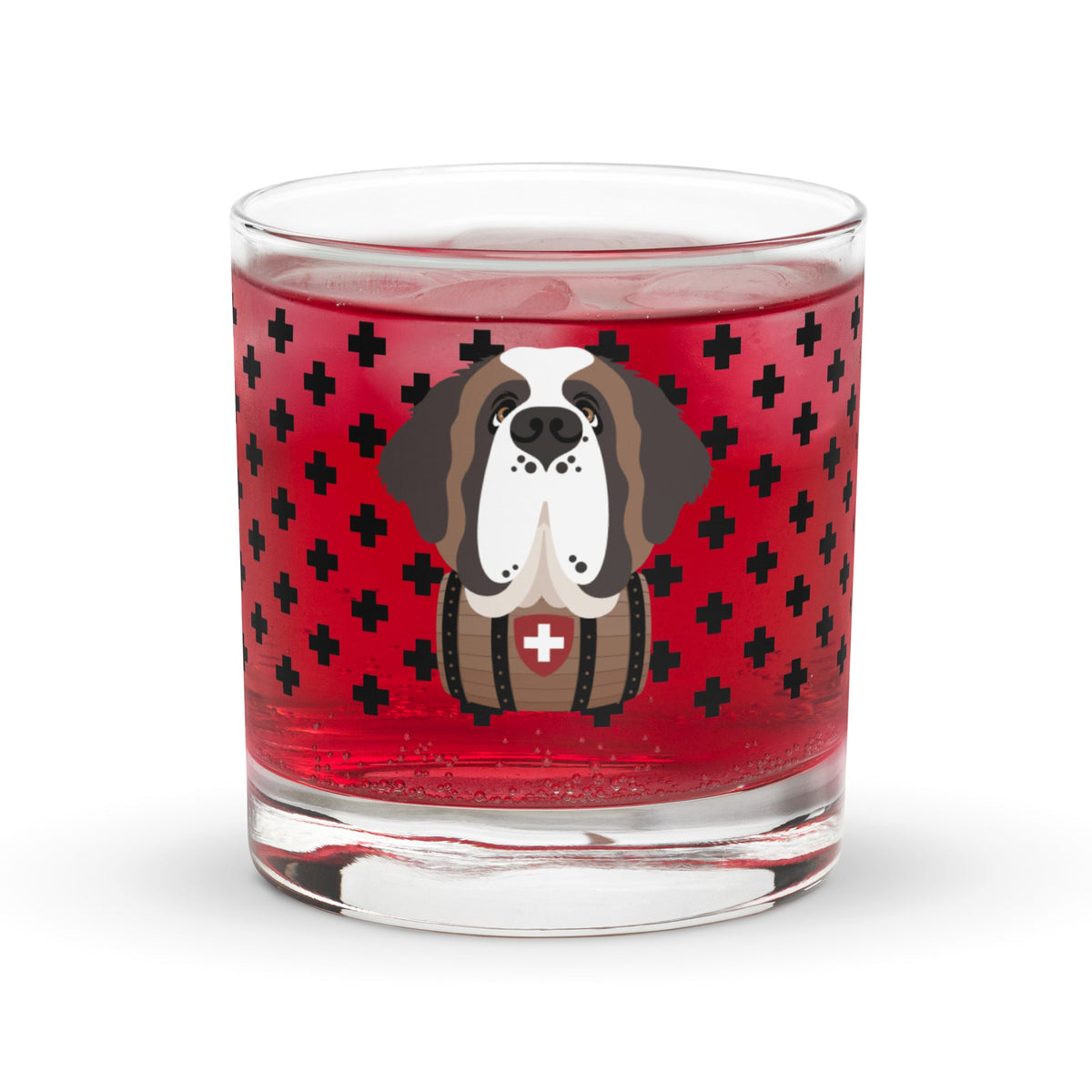 10.5 once rock glass drinkware with a modern pattern of Swiss inspired black crosses and a cute large Saint Bernard dog head with a barrel by Lucy and Norman