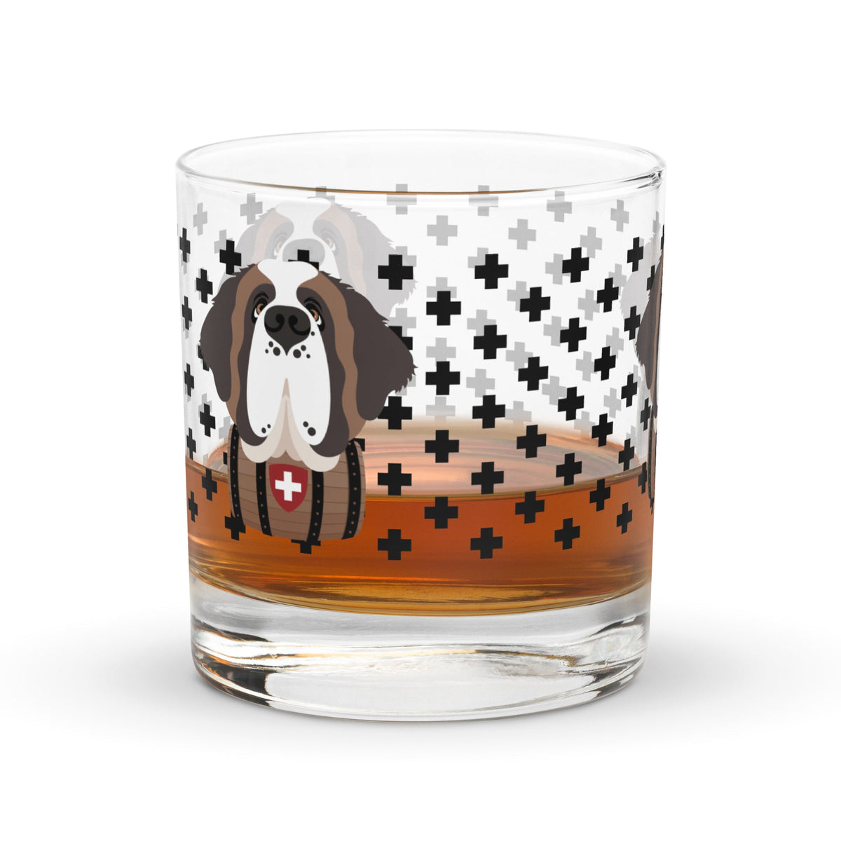 10.5 once rock glass drinkware with a modern pattern of Swiss inspired black crosses and a cute large Saint Bernard dog head with a barrel by Lucy and Norman