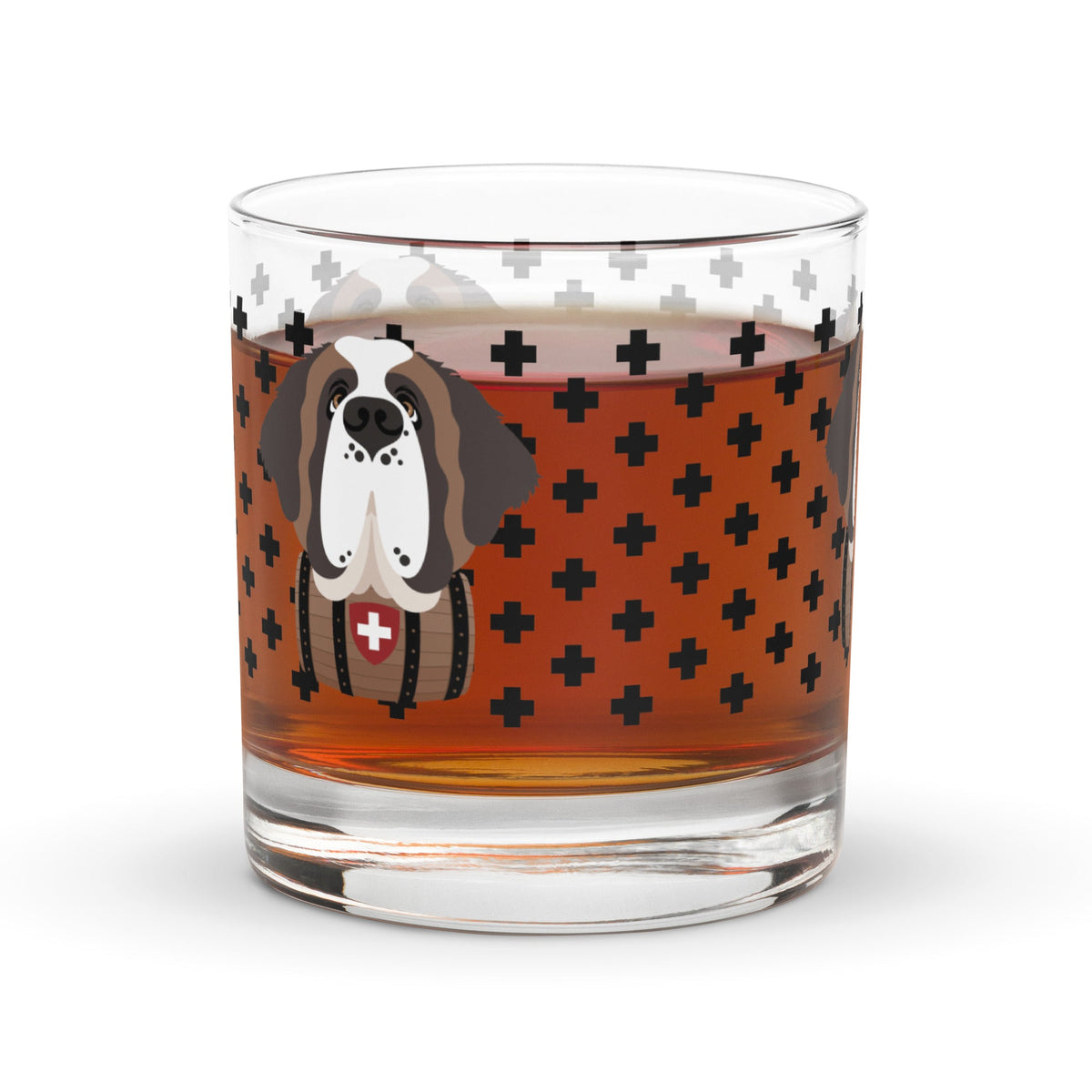 10.5 once rock glass drinkware with a modern pattern of Swiss inspired black crosses and a cute large Saint Bernard dog head with a barrel by Lucy and Norman