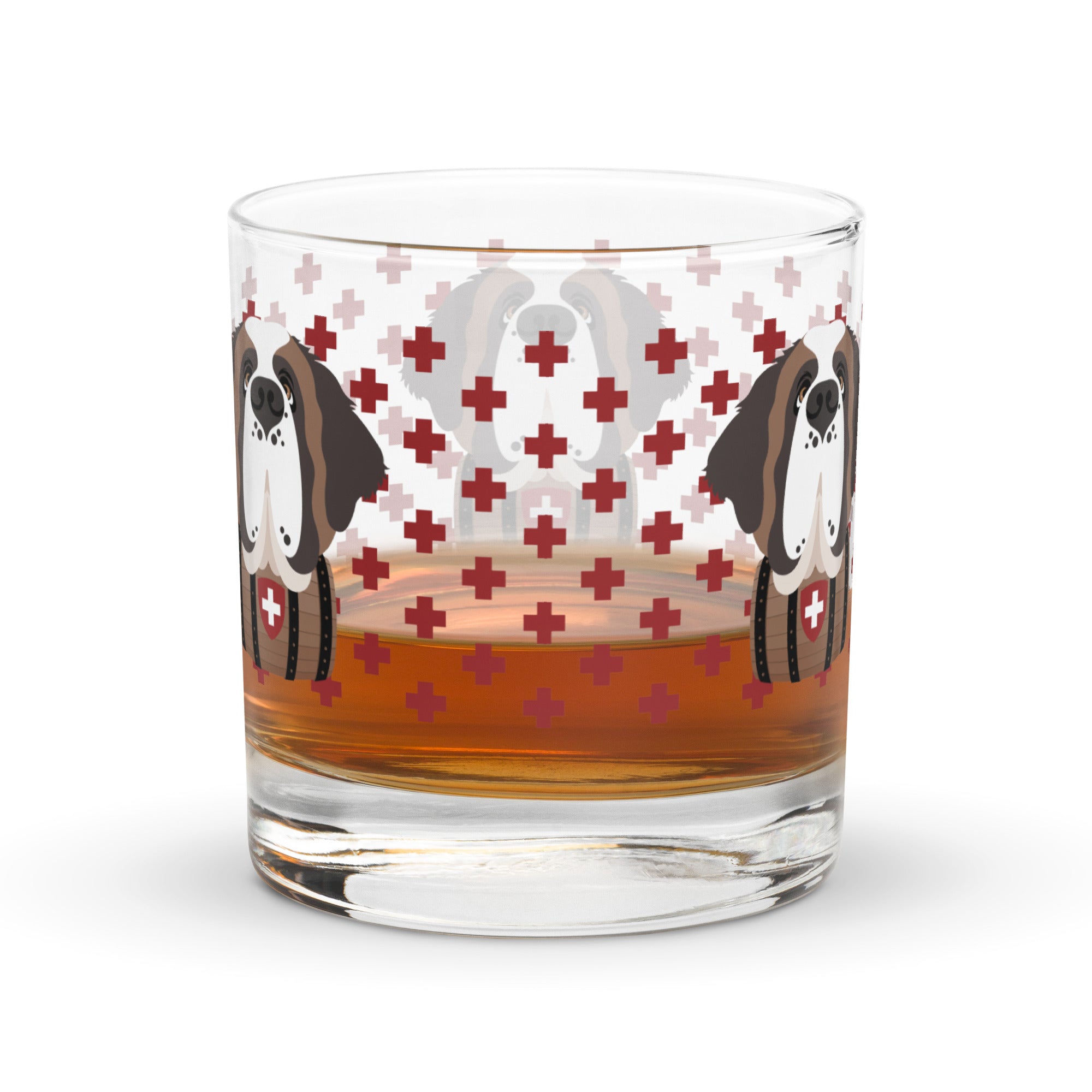 10.5 once rock glass drinkware with a modern pattern of Swiss inspired red crosses and a cute large Saint Bernard dog head with a barrel by Lucy and Norman