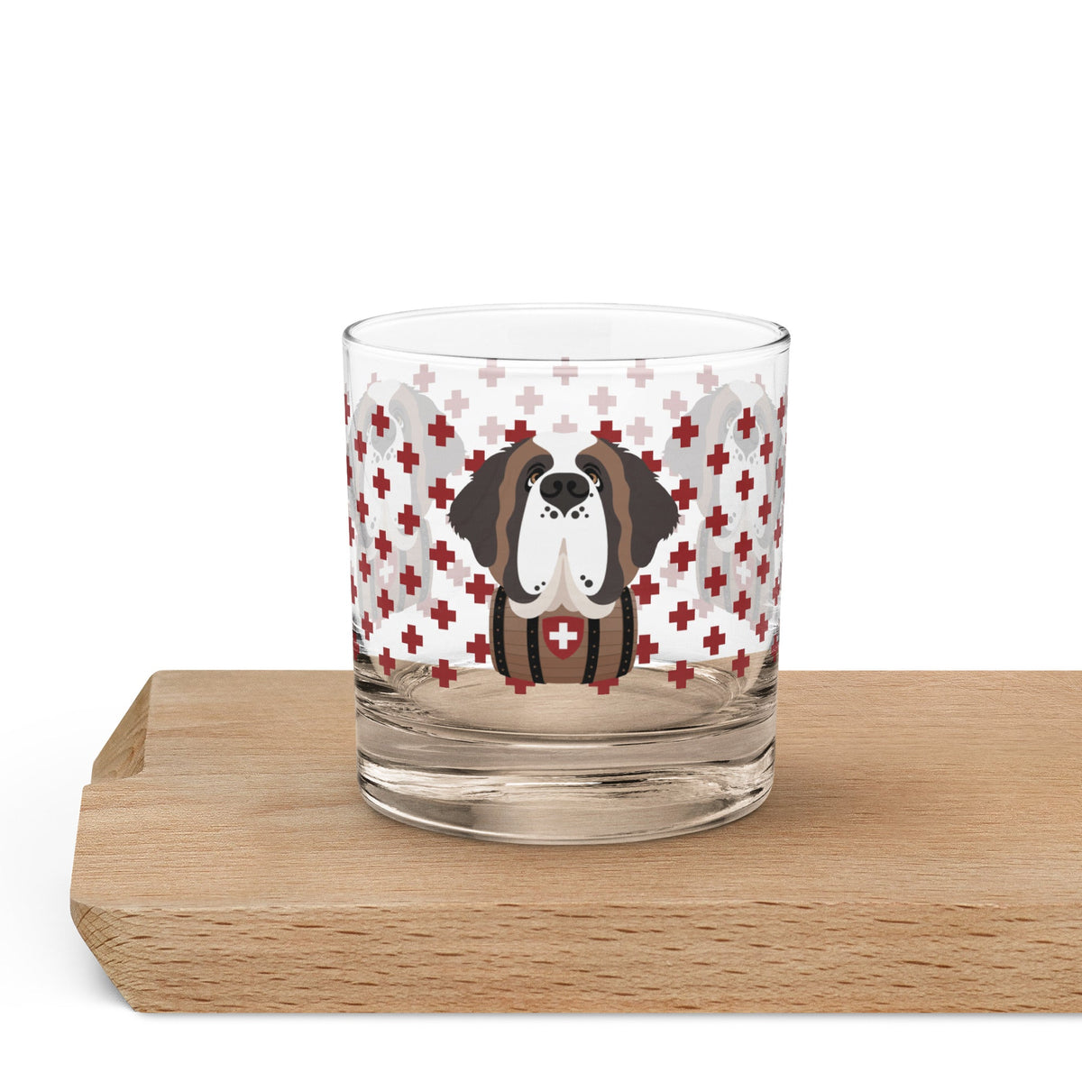 10.5 once rock glass drinkware with a modern pattern of Swiss inspired red crosses and a cute large Saint Bernard dog head with a barrel by Lucy and Norman