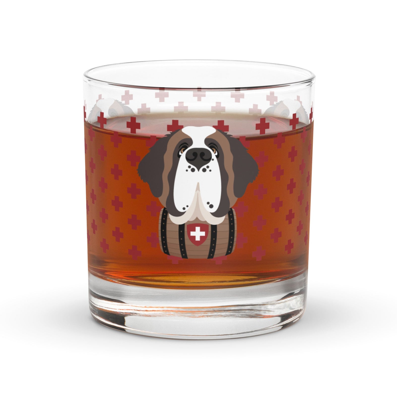10.5 once rock glass drinkware with a modern pattern of Swiss inspired red crosses and a cute large Saint Bernard dog head with a barrel by Lucy and Norman