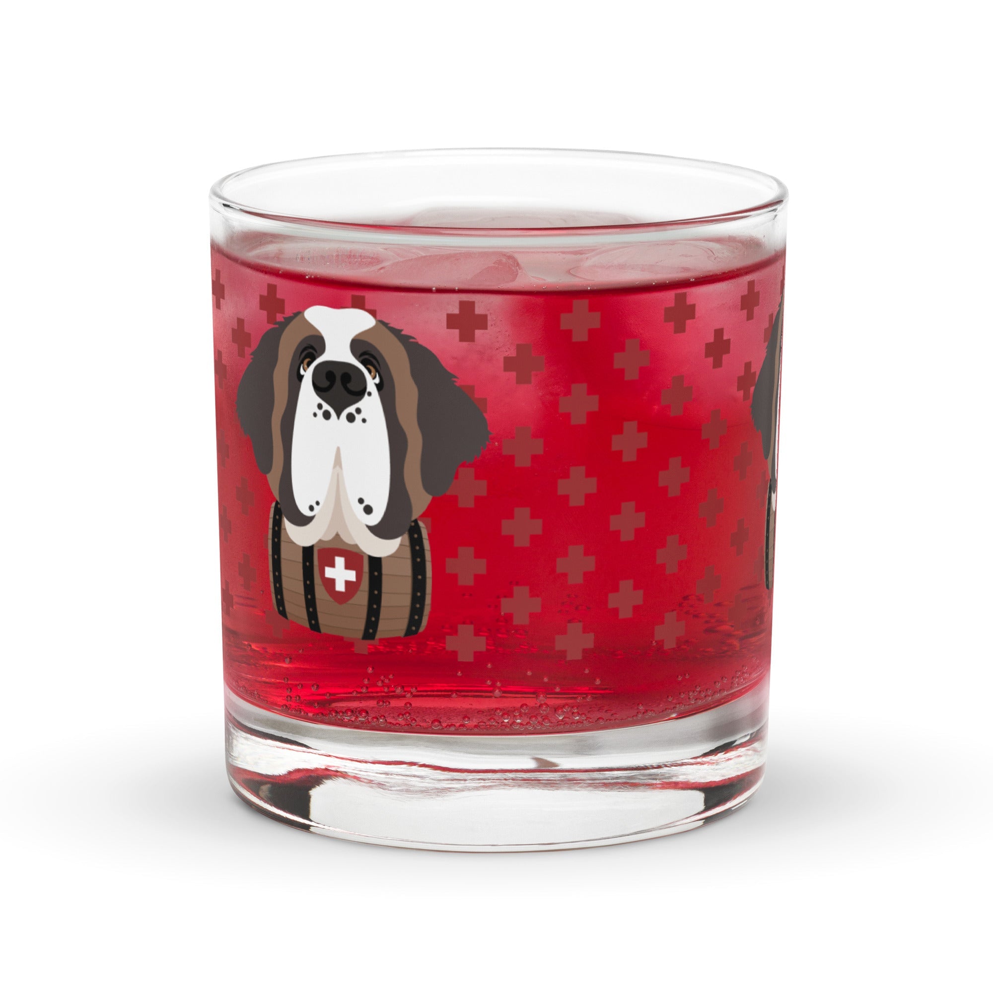 10.5 once rock glass drinkware with a modern pattern of Swiss inspired red crosses and a cute large Saint Bernard dog head with a barrel by Lucy and Norman