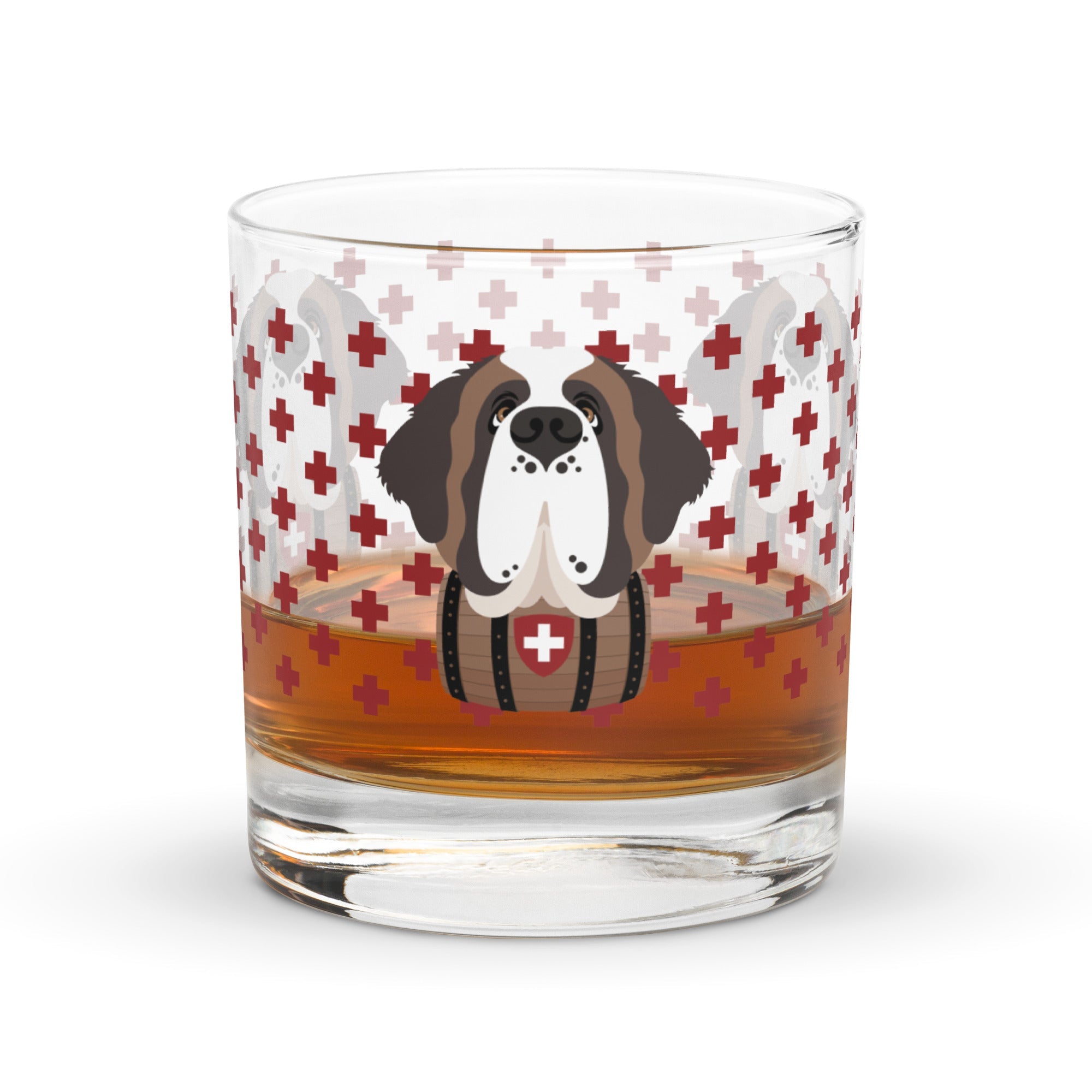 10.5 once rock glass drinkware with a modern pattern of Swiss inspired red crosses and a cute large Saint Bernard dog head with a barrel by Lucy and Norman