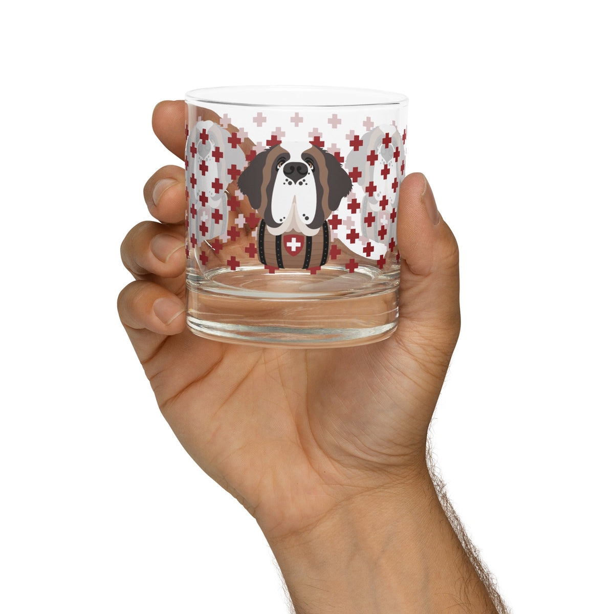 10.5 once rock glass drinkware with a modern pattern of Swiss inspired red crosses and a cute large Saint Bernard dog head with a barrel by Lucy and Norman