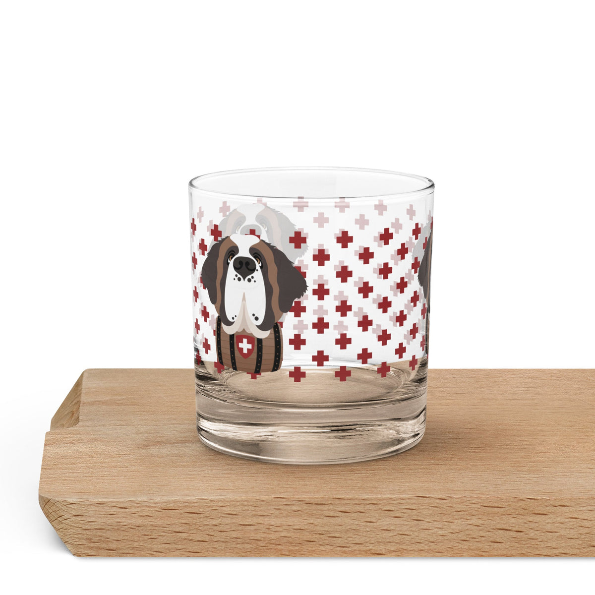 10.5 once rock glass drinkware with a modern pattern of Swiss inspired red crosses and a cute large Saint Bernard dog head with a barrel by Lucy and Norman