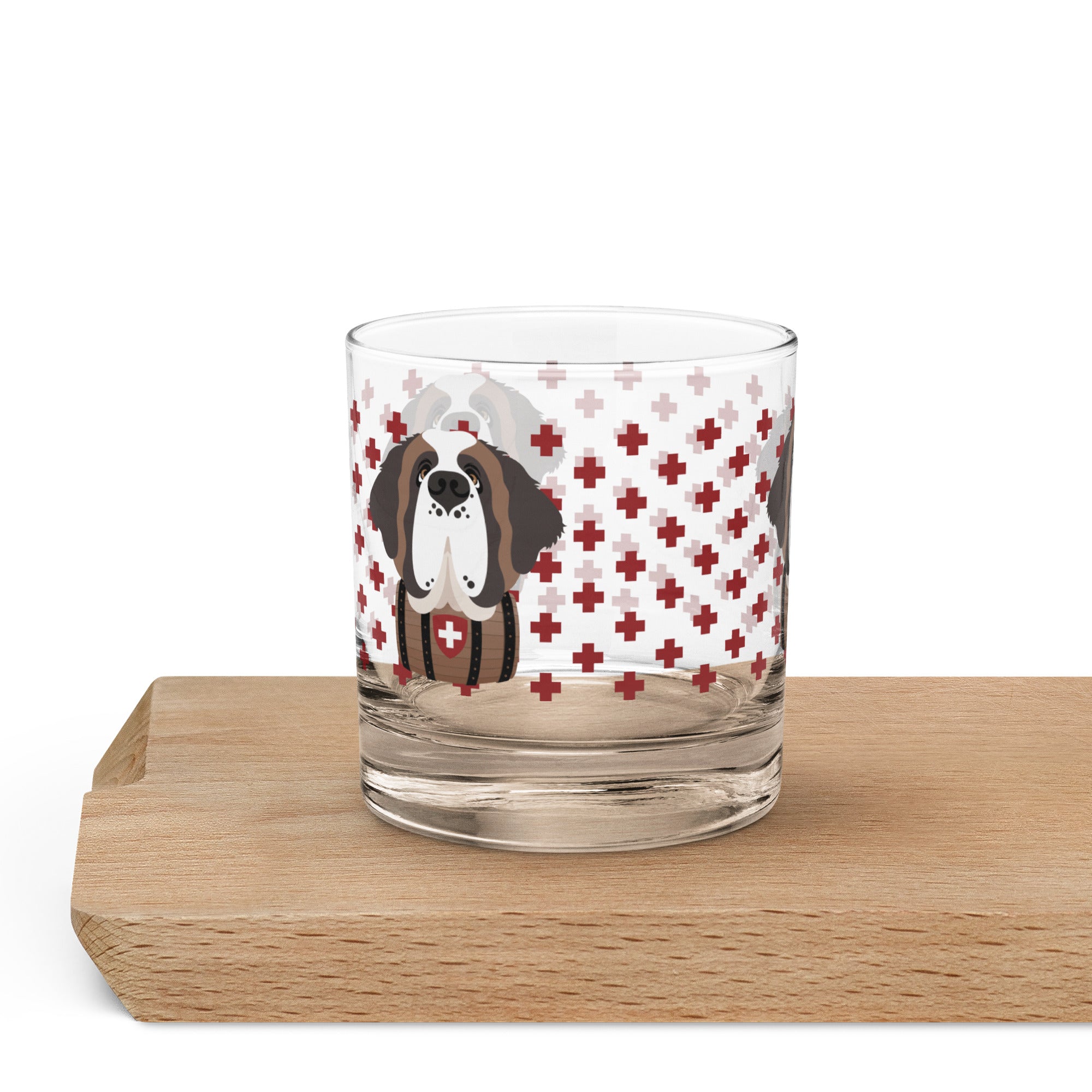 10.5 once rock glass drinkware with a modern pattern of Swiss inspired red crosses and a cute large Saint Bernard dog head with a barrel by Lucy and Norman