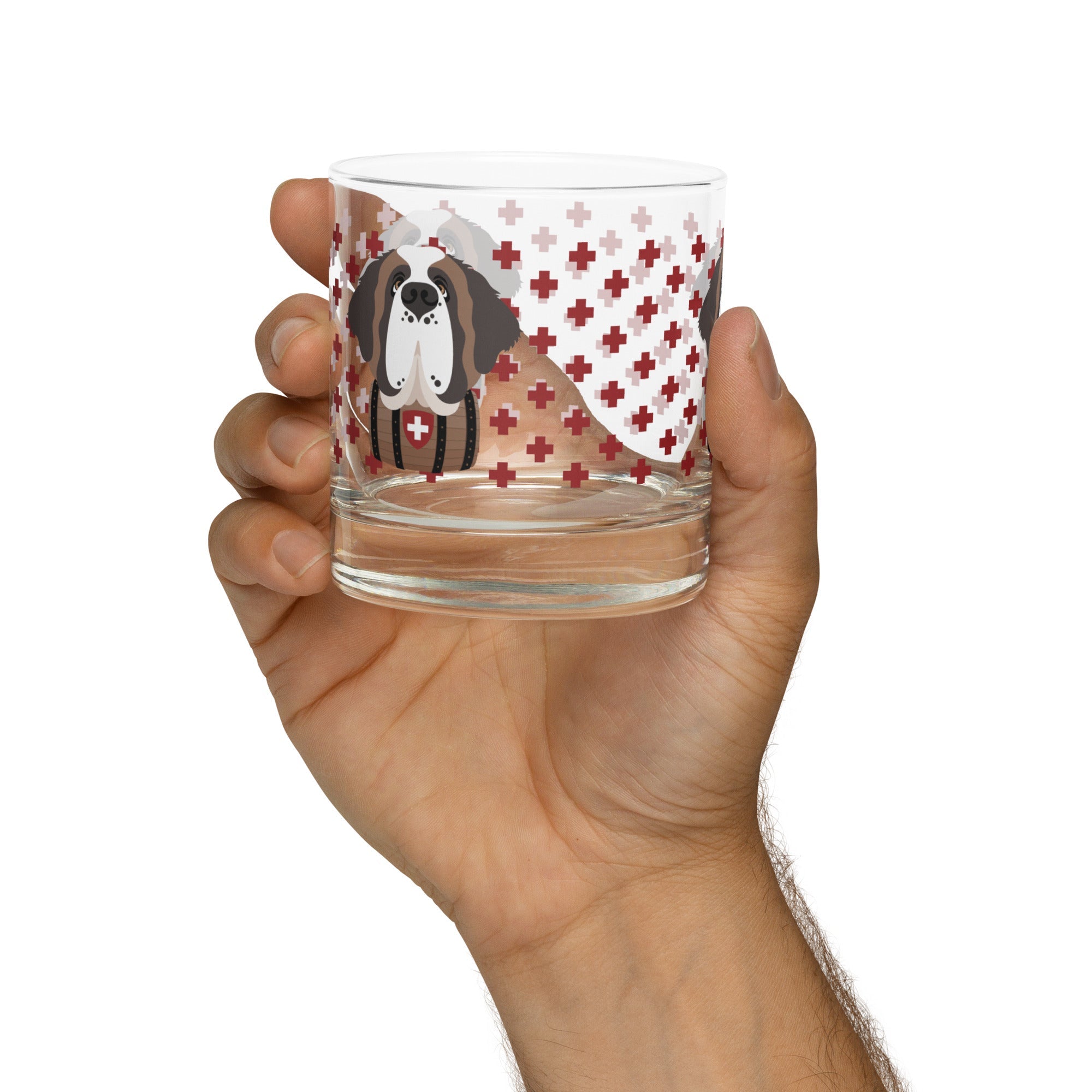 10.5 once rock glass drinkware with a modern pattern of Swiss inspired red crosses and a cute large Saint Bernard dog head with a barrel by Lucy and Norman