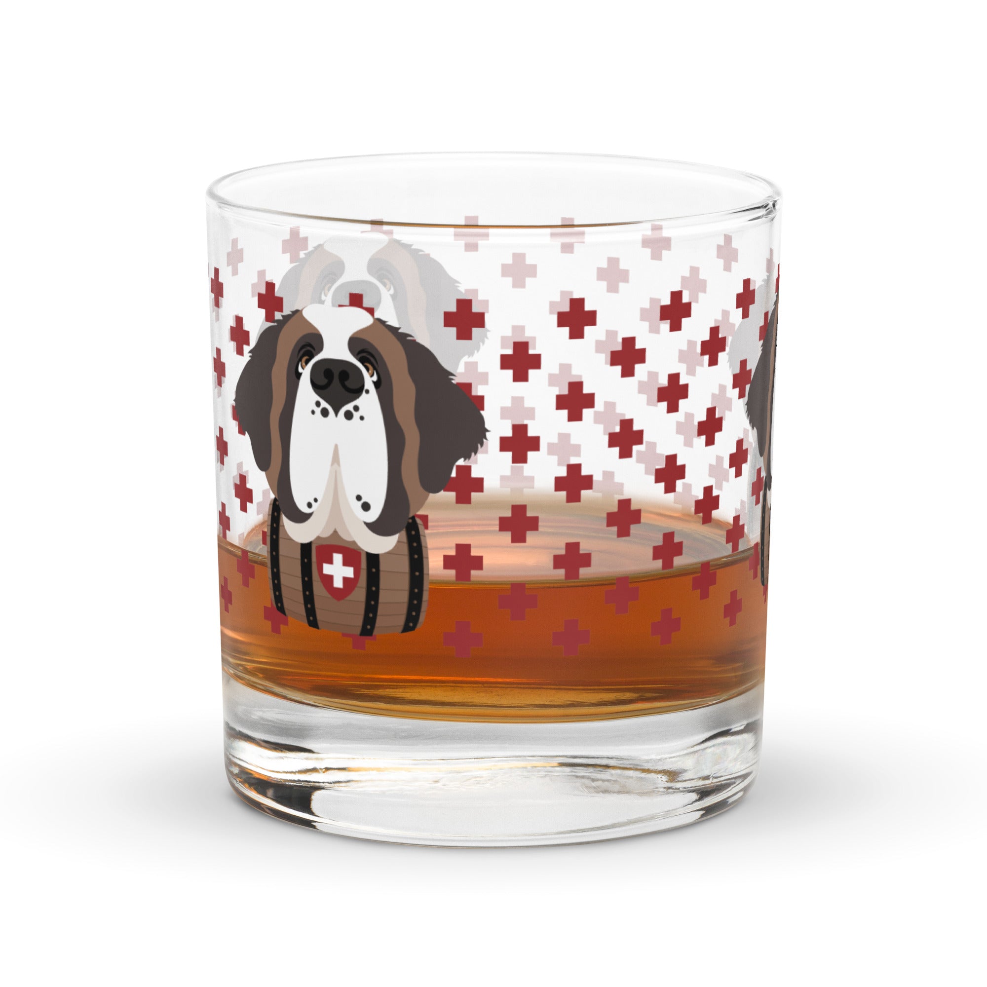 10.5 once rock glass drinkware with a modern pattern of Swiss inspired red crosses and a cute large Saint Bernard dog head with a barrel by Lucy and Norman