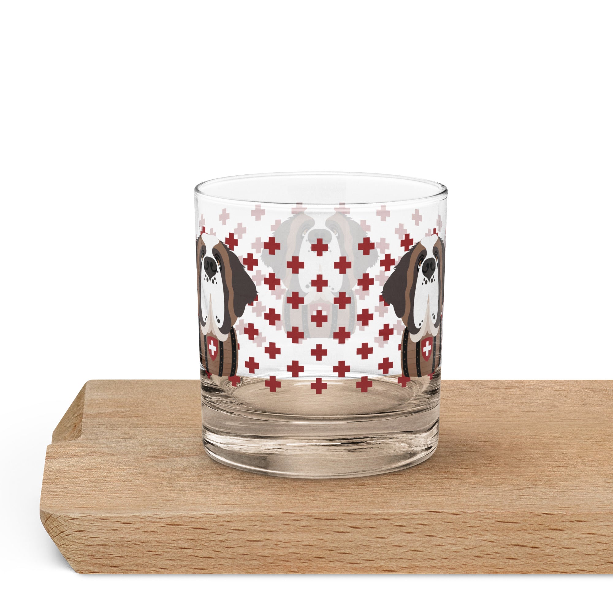 10.5 once rock glass drinkware with a modern pattern of Swiss inspired red crosses and a cute large Saint Bernard dog head with a barrel by Lucy and Norman