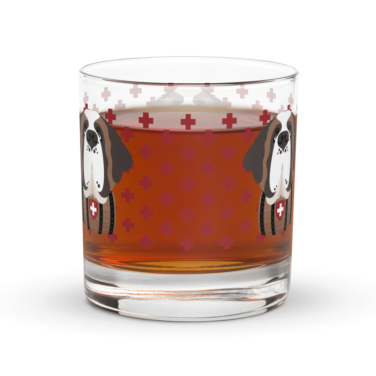 10.5 once rock glass drinkware with a modern pattern of Swiss inspired red crosses and a cute large Saint Bernard dog head with a barrel by Lucy and Norman