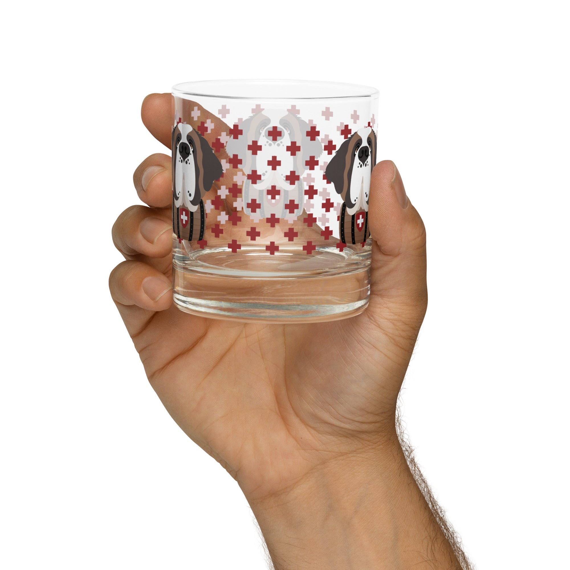 10.5 once rock glass drinkware with a modern pattern of Swiss inspired red crosses and a cute large Saint Bernard dog head with a barrel by Lucy and Norman