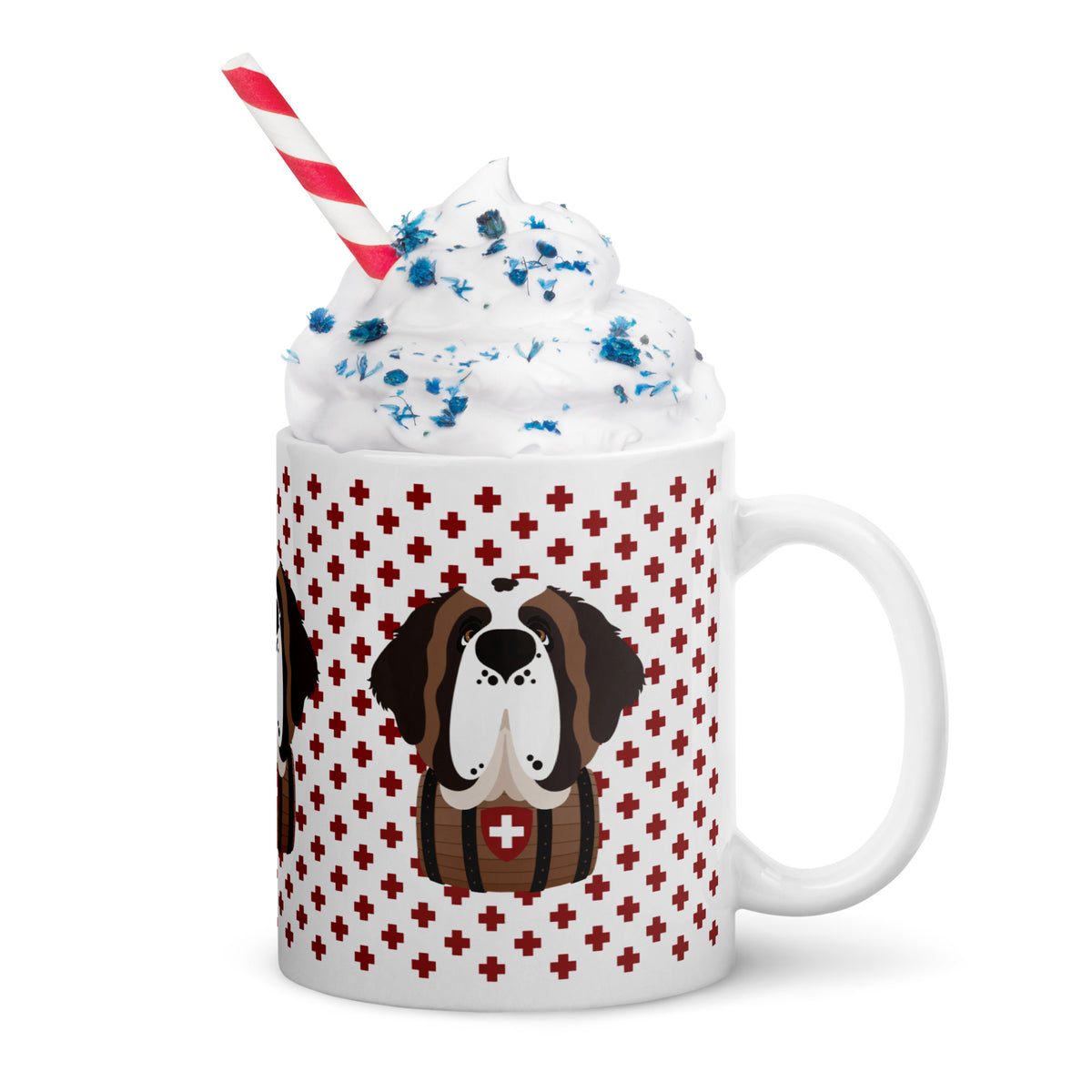 White ceramic 11 ounce mug featuring a cute illustrated Saint Bernard dog wearing a rescue barrel, surrounded by a red Swiss cross pattern. Perfect gift for St Bernard dog lovers and Swiss Alps fans by Lucy and Norman.