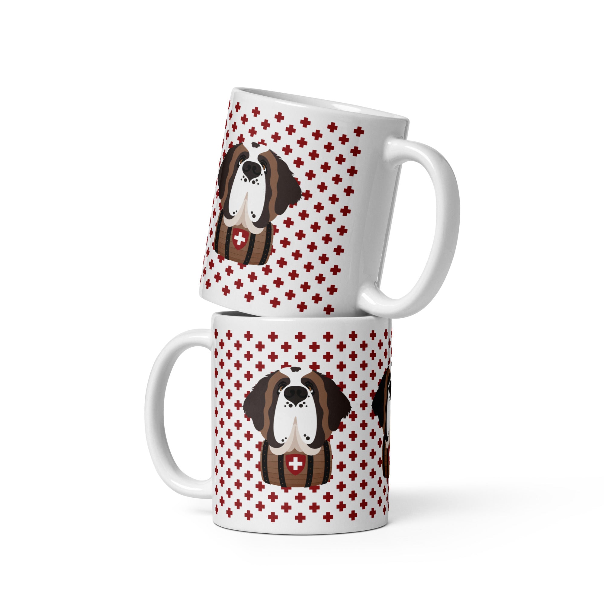White ceramic 11 ounce mug featuring a cute illustrated Saint Bernard dog wearing a rescue barrel, surrounded by a red Swiss cross pattern. Perfect gift for St Bernard dog lovers and Swiss Alps fans by Lucy and Norman.