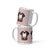 White ceramic 11 ounce mug featuring a cute illustrated Saint Bernard dog wearing a rescue barrel, surrounded by a red Swiss cross pattern. Perfect gift for St Bernard dog lovers and Swiss Alps fans by Lucy and Norman.