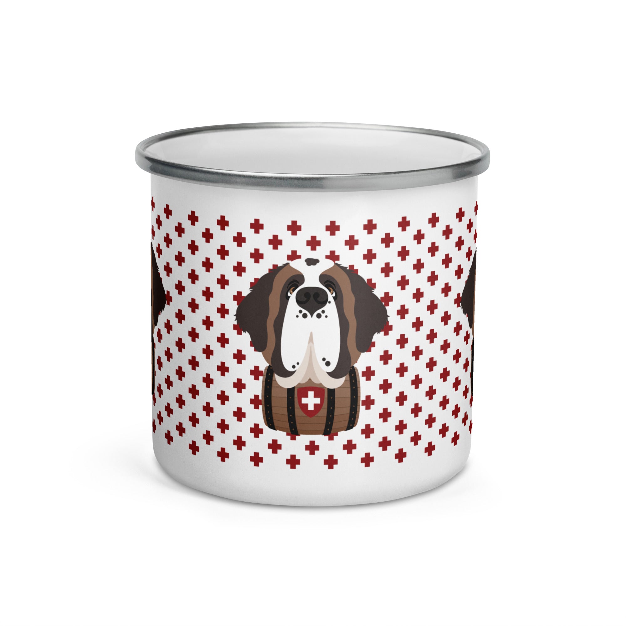 White enamel 12 ounce camp mug with silver rim featuring a cute illustrated Saint Bernard dog wearing a rescue barrel, surrounded by a red Swiss cross pattern. Perfect gift for St Bernard dog lovers and Swiss Alps fans by Lucy and Norman.