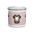 White enamel 12 ounce camp mug with silver rim featuring a cute illustrated Saint Bernard dog wearing a rescue barrel, surrounded by a red Swiss cross pattern. Perfect gift for St Bernard dog lovers and Swiss Alps fans by Lucy and Norman.