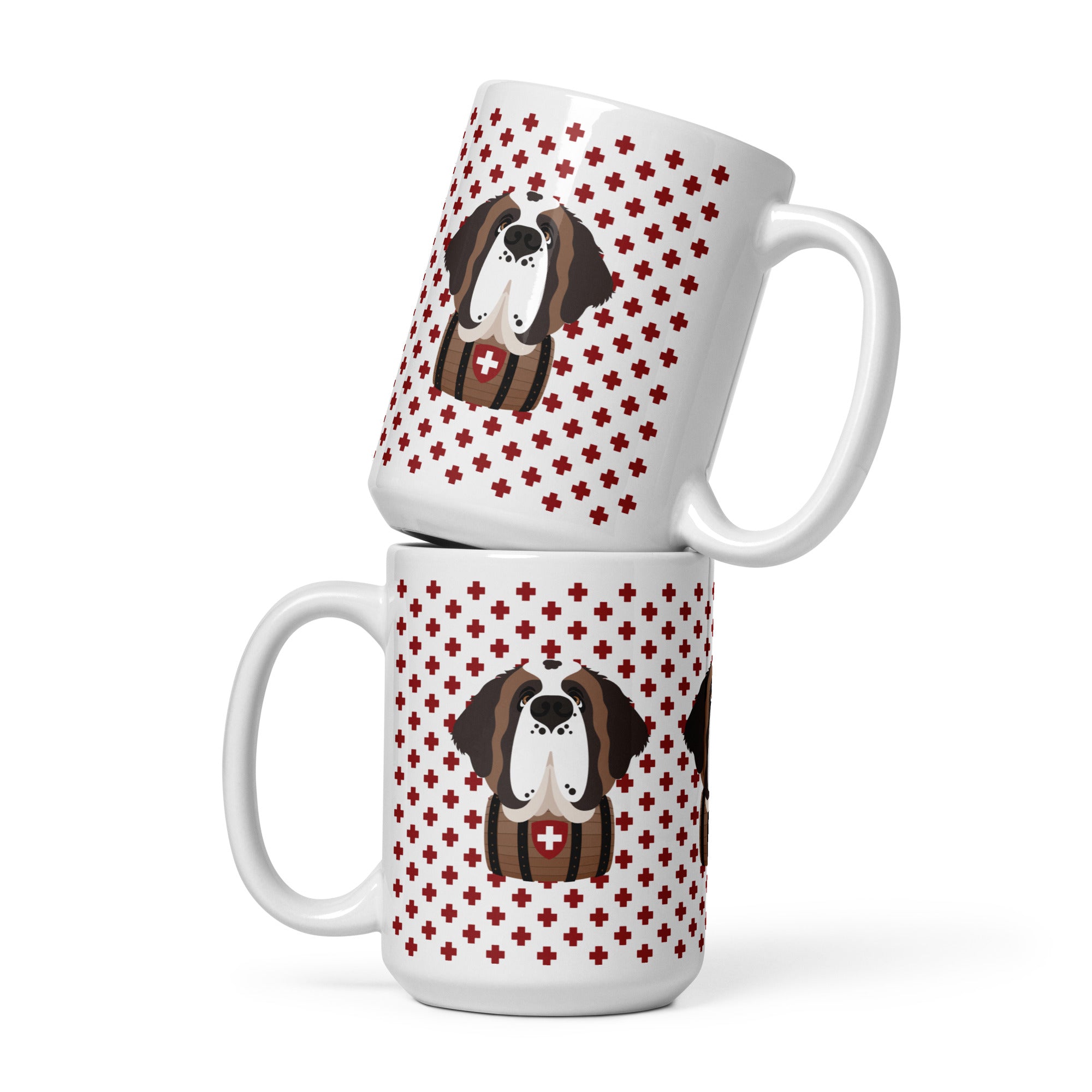 White ceramic 15 ounce mug featuring a cute illustrated Saint Bernard dog wearing a rescue barrel, surrounded by a red Swiss cross pattern. Perfect gift for St Bernard dog lovers and Swiss Alps fans by Lucy and Norman.