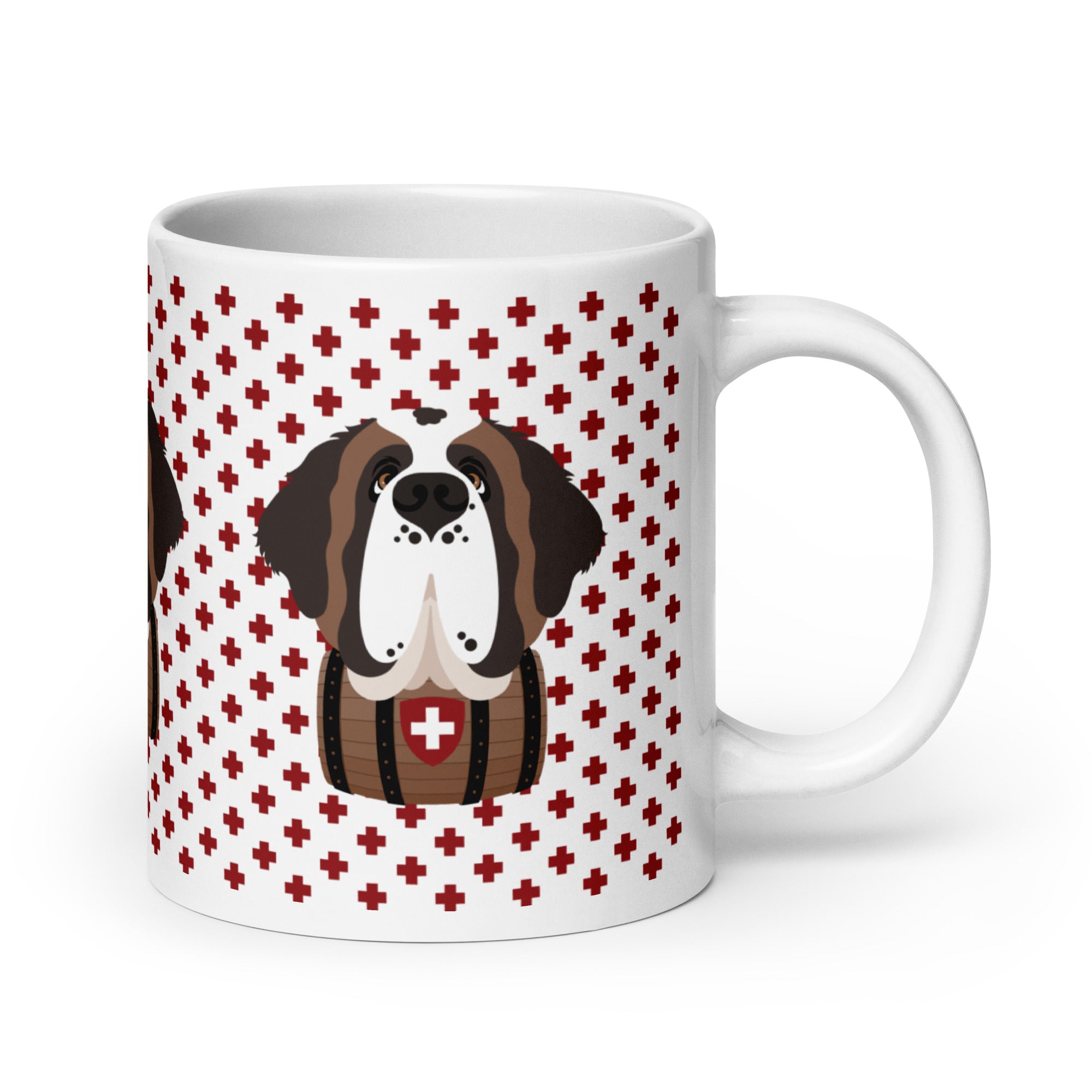White ceramic 20 ounce mug featuring a cute illustrated Saint Bernard dog wearing a rescue barrel, surrounded by a red Swiss cross pattern. Perfect gift for St Bernard dog lovers and Swiss Alps fans by Lucy and Norman.