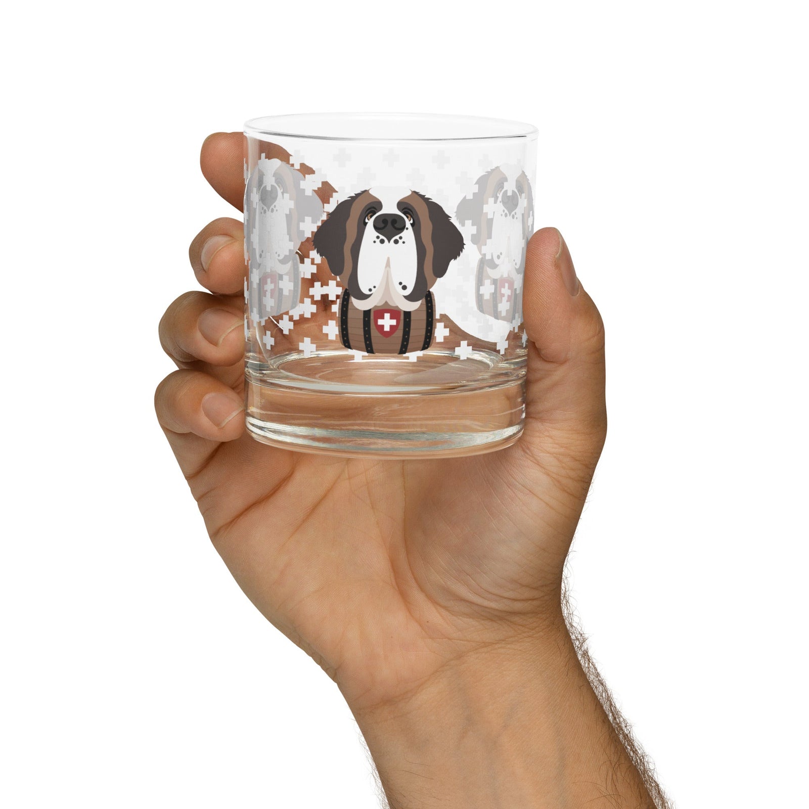 10.5 once rock glass drinkware with a modern pattern of Swiss inspired white crosses and a cute large Saint Bernard dog head with a barrel by Lucy and Norman