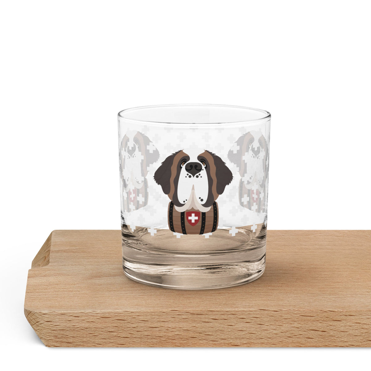 10.5 once rock glass drinkware with a modern pattern of Swiss inspired white crosses and a cute large Saint Bernard dog head with a barrel by Lucy and Norman