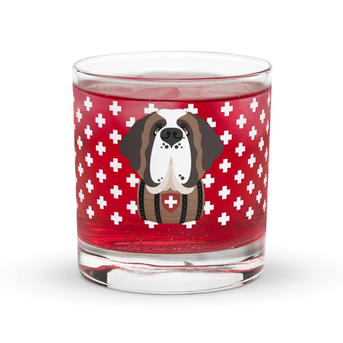 10.5 once rock glass drinkware with a modern pattern of Swiss inspired white crosses and a cute large Saint Bernard dog head with a barrel by Lucy and Norman