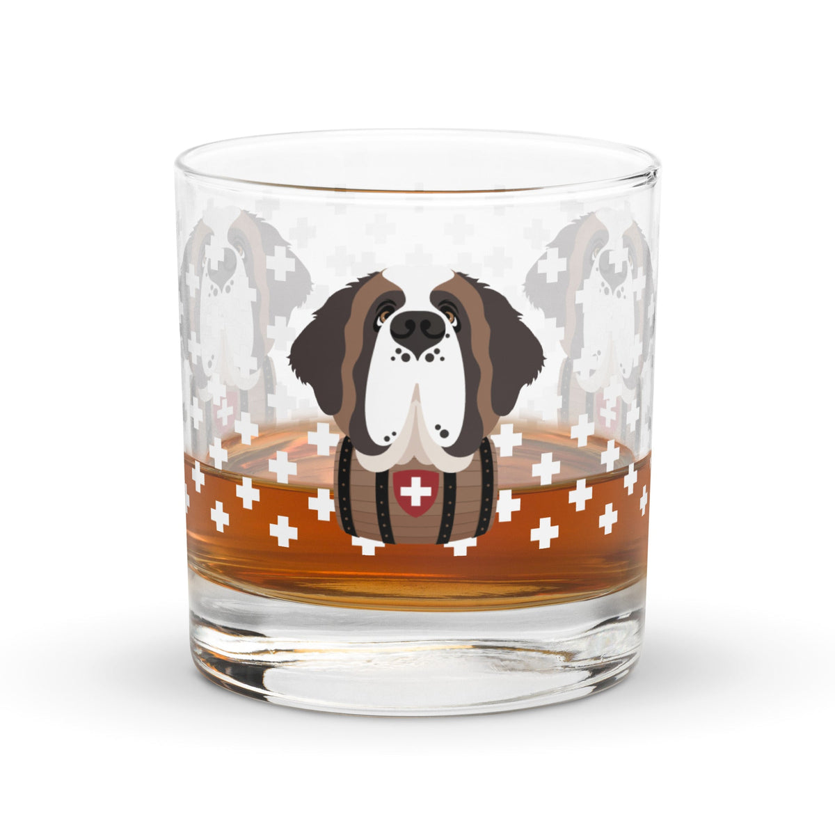 10.5 once rock glass drinkware with a modern pattern of Swiss inspired white crosses and a cute large Saint Bernard dog head with a barrel by Lucy and Norman