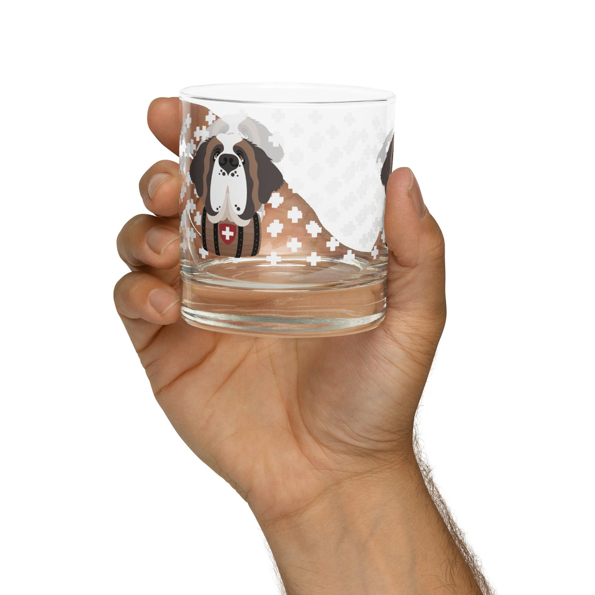 10.5 once rock glass drinkware with a modern pattern of Swiss inspired white crosses and a cute large Saint Bernard dog head with a barrel by Lucy and Norman