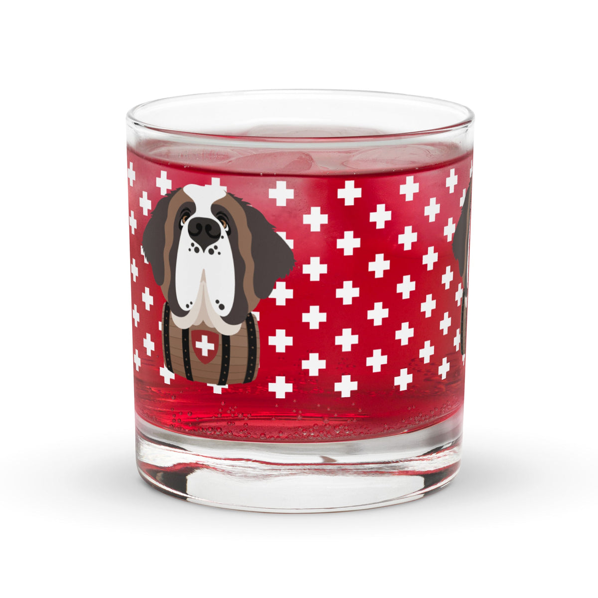 10.5 once rock glass drinkware with a modern pattern of Swiss inspired white crosses and a cute large Saint Bernard dog head with a barrel by Lucy and Norman