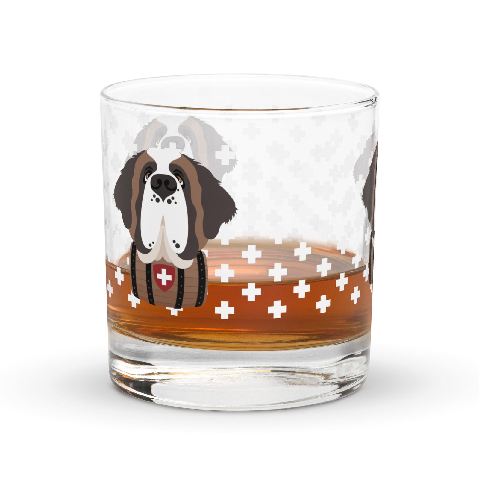 10.5 once rock glass drinkware with a modern pattern of Swiss inspired white crosses and a cute large Saint Bernard dog head with a barrel by Lucy and Norman