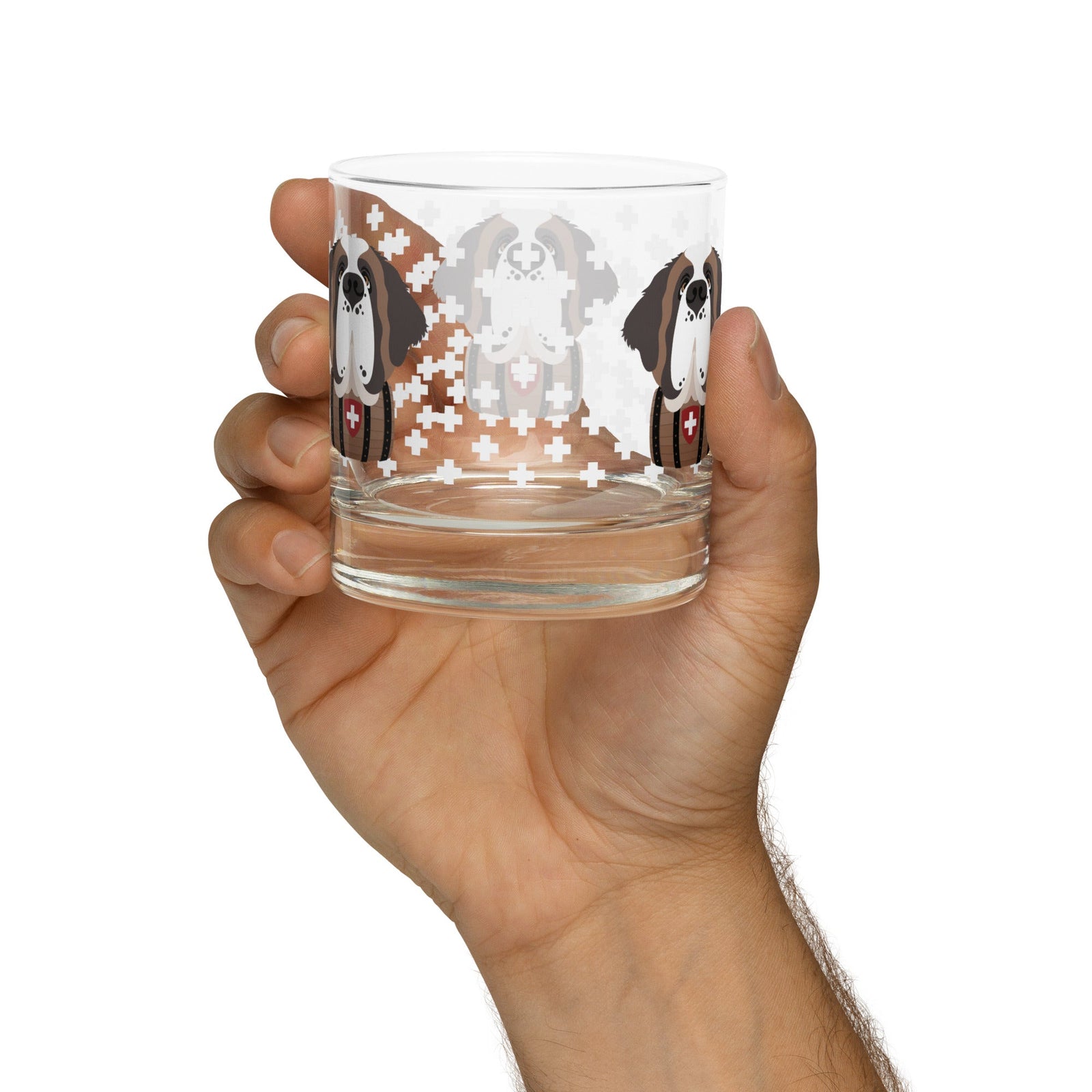 10.5 once rock glass drinkware with a modern pattern of Swiss inspired white crosses and a cute large Saint Bernard dog head with a barrel by Lucy and Norman
