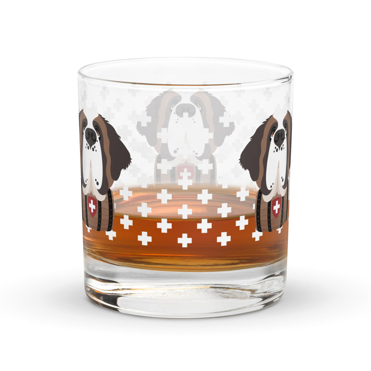 10.5 once rock glass drinkware with a modern pattern of Swiss inspired white crosses and a cute large Saint Bernard dog head with a barrel by Lucy and Norman