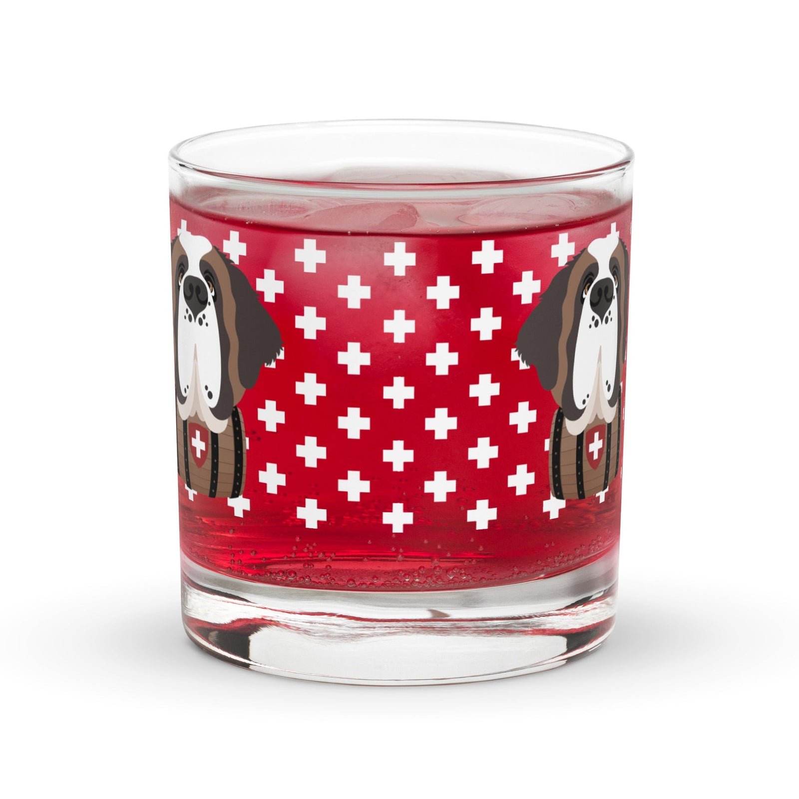 10.5 once rock glass drinkware with a modern pattern of Swiss inspired white crosses and a cute large Saint Bernard dog head with a barrel by Lucy and Norman