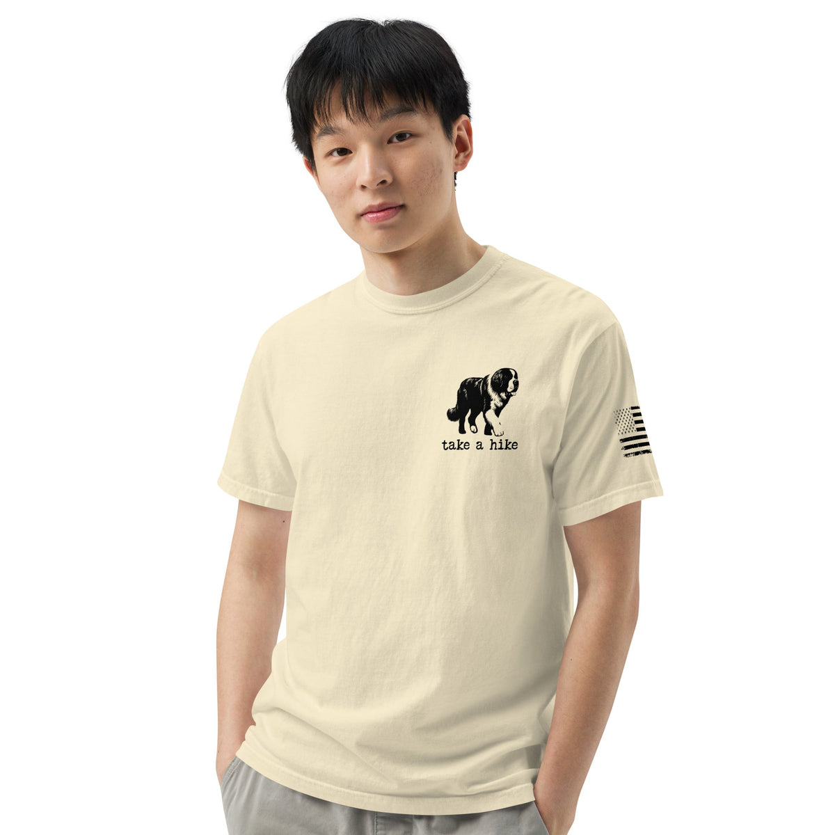 Take a Hike Redwoods w USA Flag Comfort Colors Heavyweight T - Shirt - Light Colors - Lucy + Norman